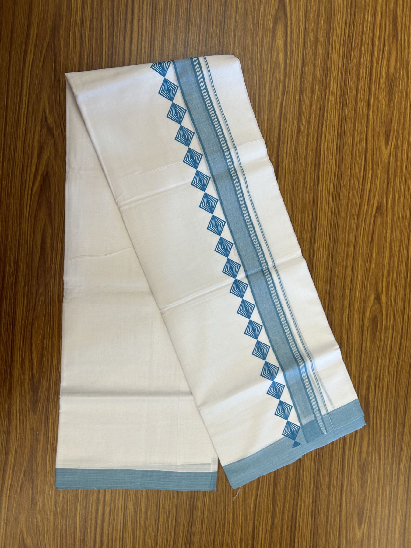 20% Discount ! KaithariKada Balaramapuram Cotton Double Pure white Mundu/Dhoti- 80s - 2.5 inch Light Blue Printed Shade Stripes Design Kara - 3.65 mtr (8 muzham) - 7 KK5329 GAN