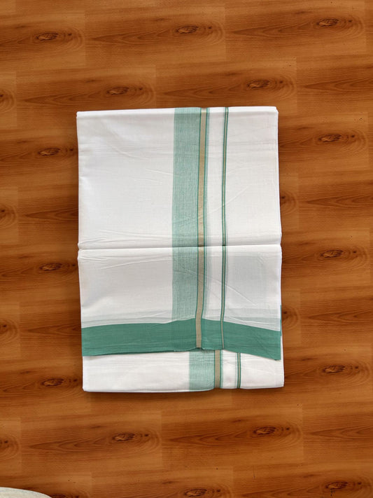Pure White Double Mundu/Dhoti - 20% Discount ! Kaitharikada Balaramapuram 100% Cotton - 100x80 - 1.5 inch Silver Kasav & Blue Green Shaded Striped Kara 3.90 m (8 muzham) - 28 KK5432 PMC