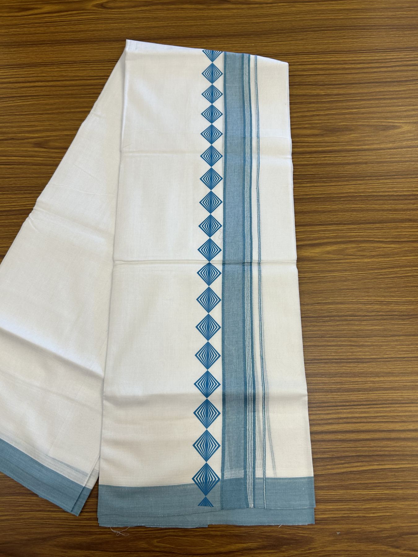 20% Discount ! KaithariKada Balaramapuram Cotton Double Pure white Mundu/Dhoti- 80s - 2.5 inch Light Blue Printed Shade Stripes Design Kara - 3.65 mtr (8 muzham) - 7 KK5329 GAN