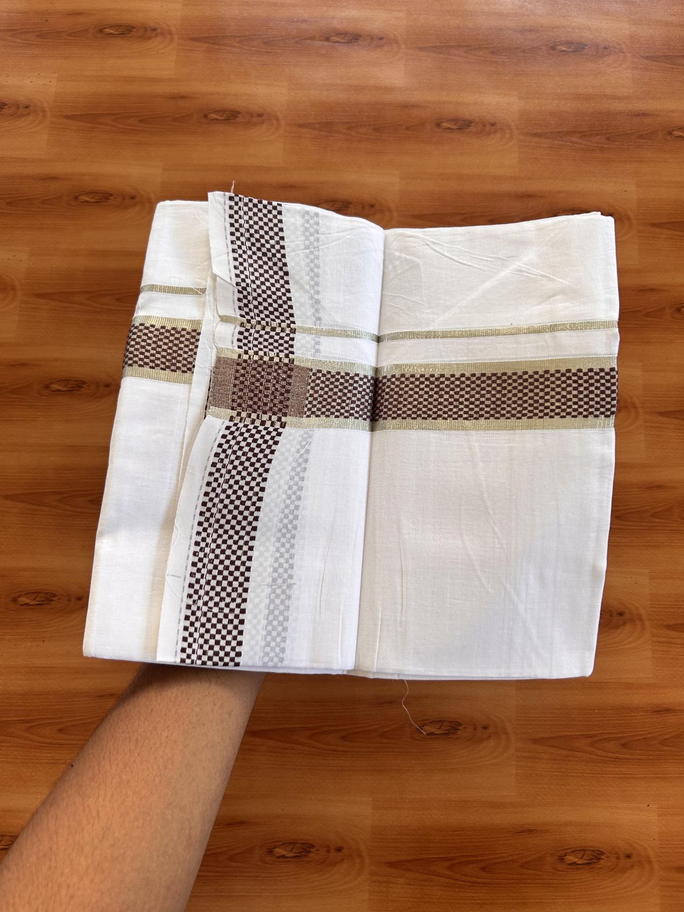20% Discount ! KaithariKada Balaramapuram 100% Cotton Double Pure White Mundu/Dhoti - 100X80 - 1.5 inch Silver Kasav & Dark Brown Check Jacquard Design kara 3.90 mtr (8 Muzham) - 8 KK5432 PMC
