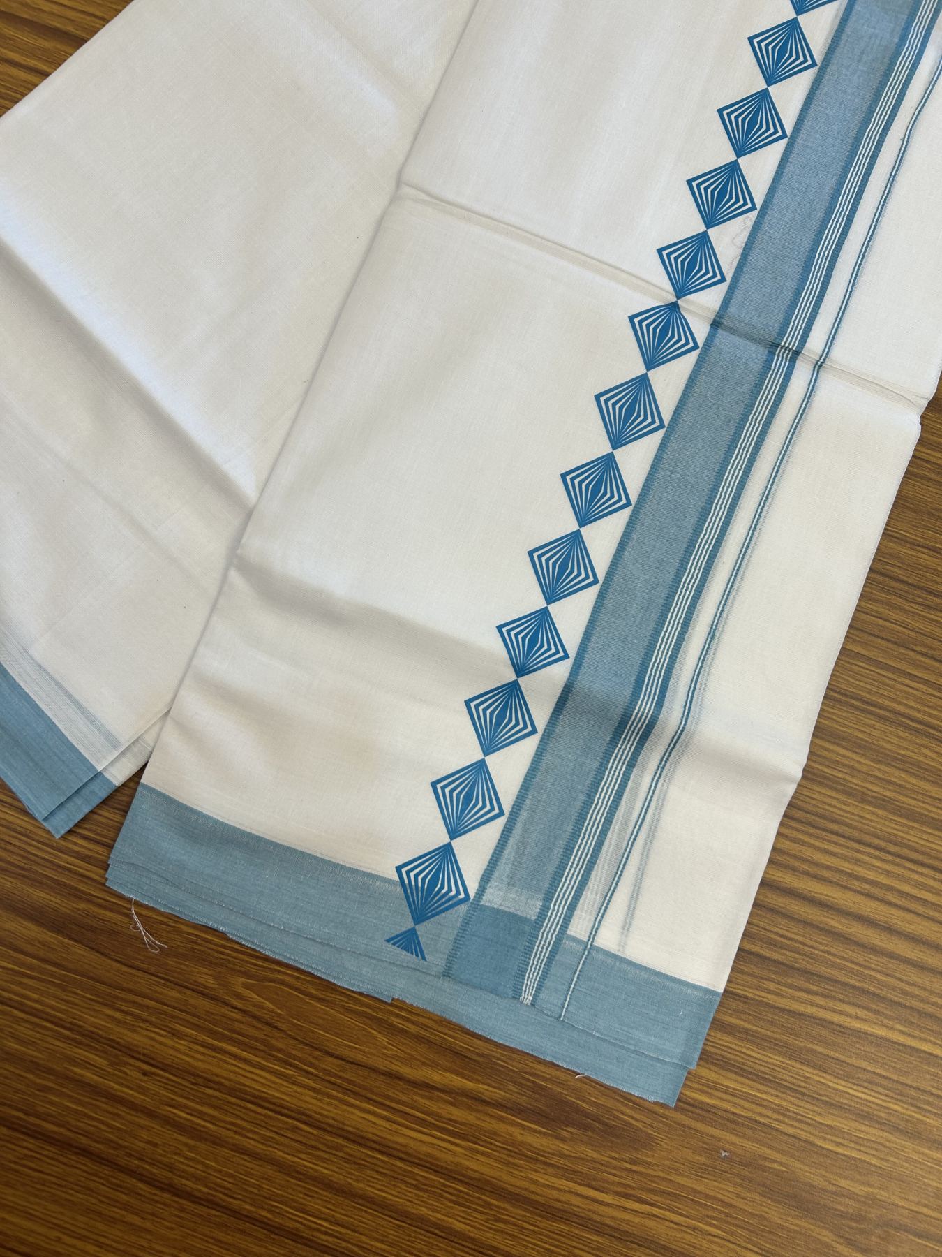 20% Discount ! KaithariKada Balaramapuram Cotton Double Pure white Mundu/Dhoti- 80s - 2.5 inch Light Blue Printed Shade Stripes Design Kara - 3.65 mtr (8 muzham) - 7 KK5329 GAN