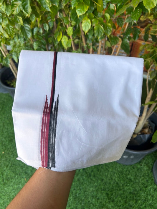 DMK VESHTI SHORT DHOTHI - DMK Veshti - 20% DISCOUNT! KaithariKada Balaramapuram 100% Cotton Double PURE WHITE Mundu/Dhoti-100x100 - 1.25 inch & 46 inches Height Puliyilakkara MAROON & BLACK Striped Chutty Kara- 13KK5146ASH