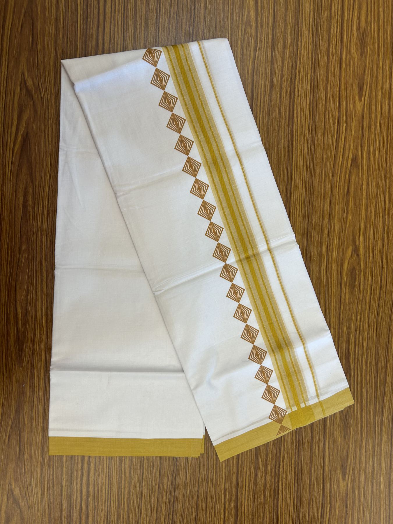 20% Discount ! KaithariKada Balaramapuram Cotton Double Pure white Mundu/Dhoti- 80s - 2.5 inch Mustard Yellow Printed Shaded Stripes Design Kara - 3.65 mtr (8 muzham) - 1 KK5329 GAN