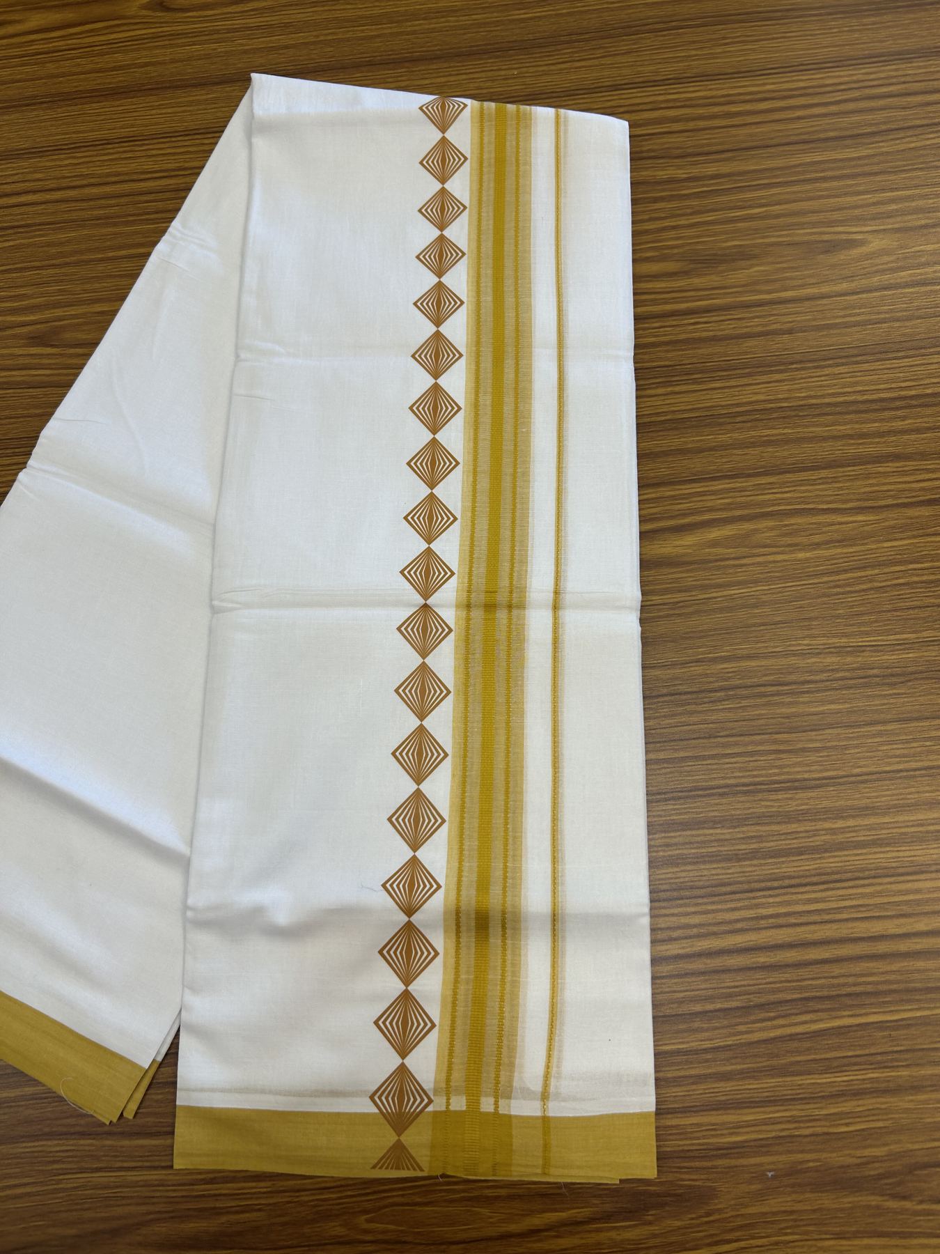 20% Discount ! KaithariKada Balaramapuram Cotton Double Pure white Mundu/Dhoti- 80s - 2.5 inch Mustard Yellow Printed Shaded Stripes Design Kara - 3.65 mtr (8 muzham) - 1 KK5329 GAN