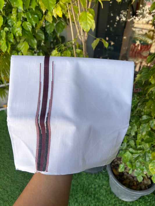 SHORT DHOTI SPECIAL! Kaitharikada.com - 20% Discount! Balaramapuram Double PURE WHITE  Mundu/Dhoti - 100X100 - 1 inch Kara & 45 inches Height  Puliyilakkara Dark Maroon & Black Striped Chutty Kara - 11KK5146ASH