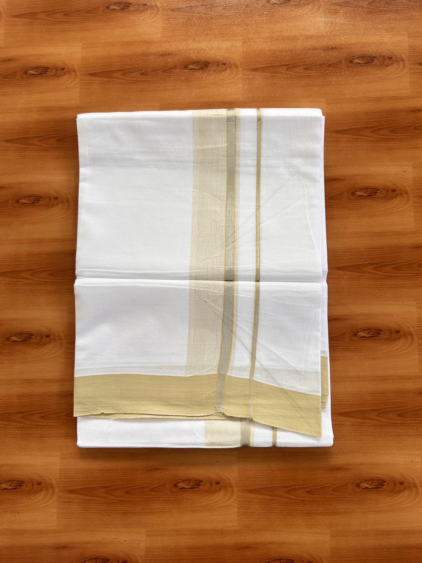 Pure White Double Mundu/Dhoti - 20% Discount ! Kaitharikada Balaramapuram 100% Cotton - 100x80 - 1.5 inch Silver Kasav & Mustard Olive Shaded Striped Kara 3.90 m (8 muzham) - 29 KK5432 PMC