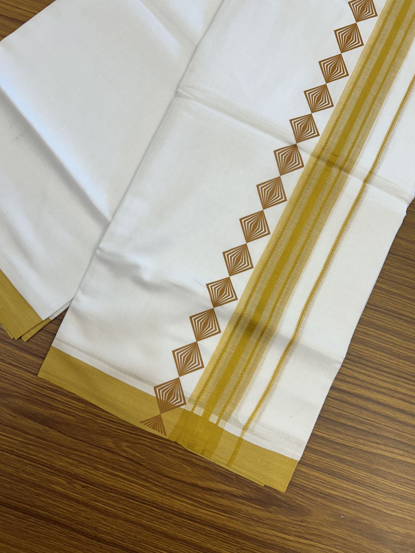 20% Discount ! KaithariKada Balaramapuram Cotton Double Pure white Mundu/Dhoti- 80s - 2.5 inch Mustard Yellow Printed Shaded Stripes Design Kara - 3.65 mtr (8 muzham) - 1 KK5329 GAN