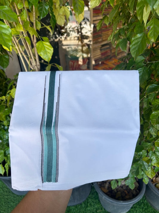 SHORT DHOTI SPECIAL! Kaitharikada.com - 20% Discount! Balaramapuram Double PURE WHITE Mundu/Dhoti - 100X100 - 1 inch Kara & 44 inches Height Puliyilakkara Light Teal Blue & Black Striped Chutty Kara - 10KK5146ASH