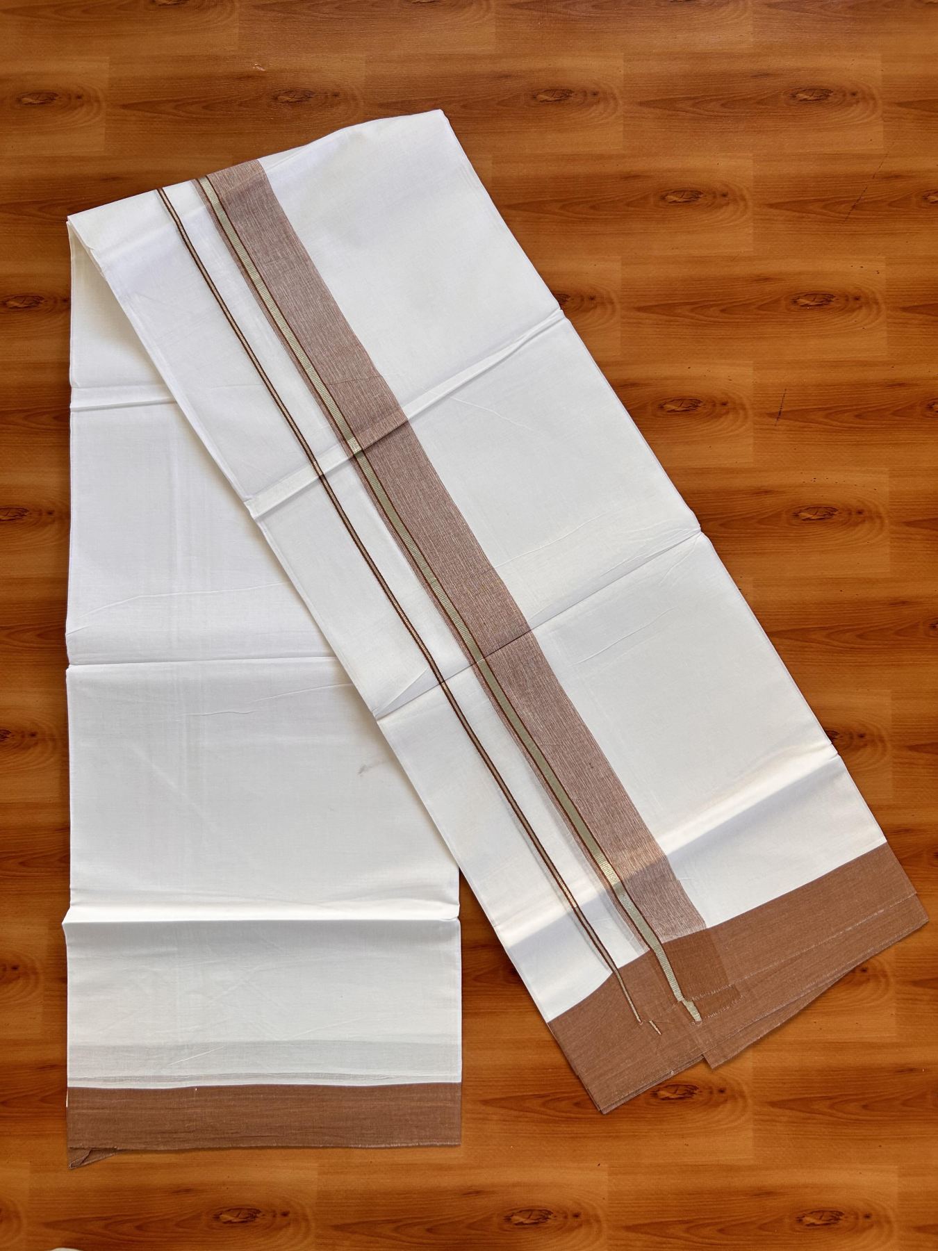 Pure White Double Mundu/Dhoti - 20% Discount ! Kaitharikada Balaramapuram 100% Cotton - 100x80 - 1.5 inch Silver Kasav & Brown Shaded Striped Kara 3.90 m (8 muzham) - 31 KK5432 PMC