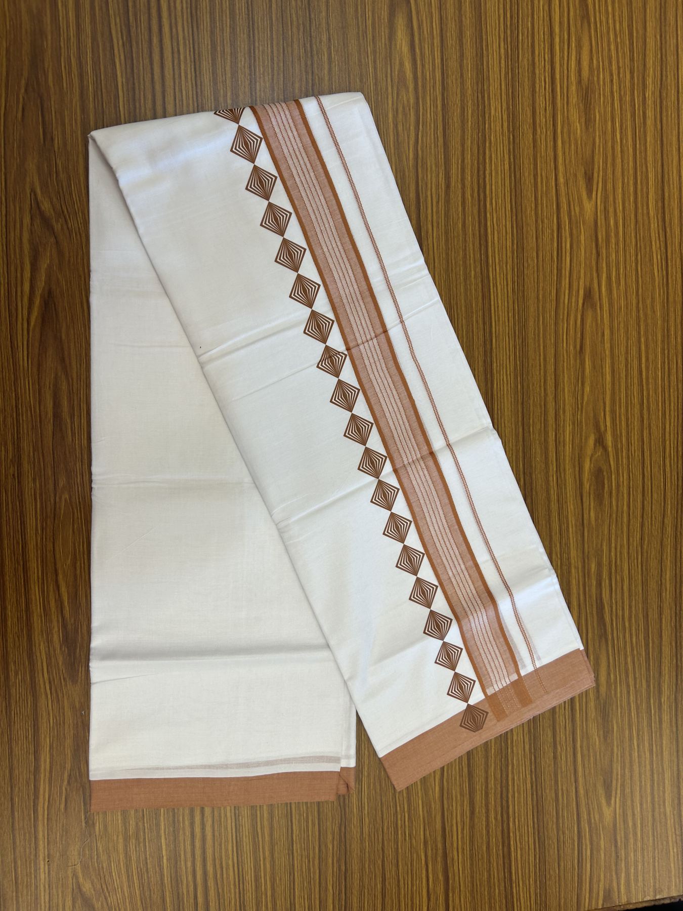 20% Discount ! KaithariKada Balaramapuram Cotton Double Pure white Mundu/Dhoti- 80s - 2.5 inch Brown Printed Shade Stripes Design Kara - 3.65 mtr (8 muzham) - 3 KK5329 GAN
