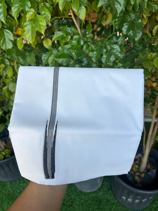 SHORT DHOTI SPECIAL! Kaitharikada.com - 20% DISCOUNT ! KaithariKada Balaramapuram 100%  COTTON DOUBLE PURE WHITE Mundu/Dhoti-100X100- 0.75 Inch Kara & 46 inches Height Puliyilakkara Black Striped Chutty  - 15KK5146ASH