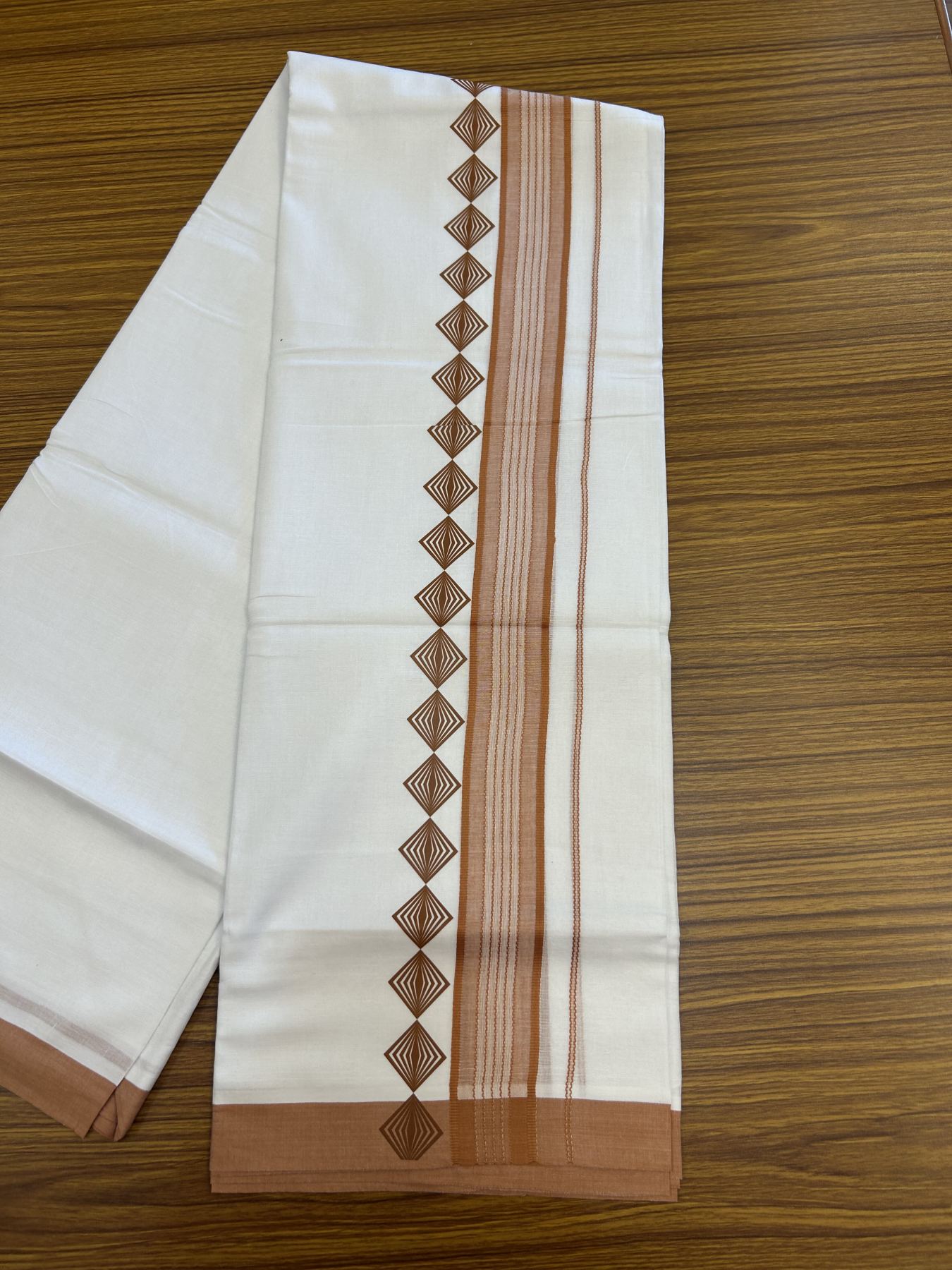 20% Discount ! KaithariKada Balaramapuram Cotton Double Pure white Mundu/Dhoti- 80s - 2.5 inch Brown Printed Shade Stripes Design Kara - 3.65 mtr (8 muzham) - 3 KK5329 GAN