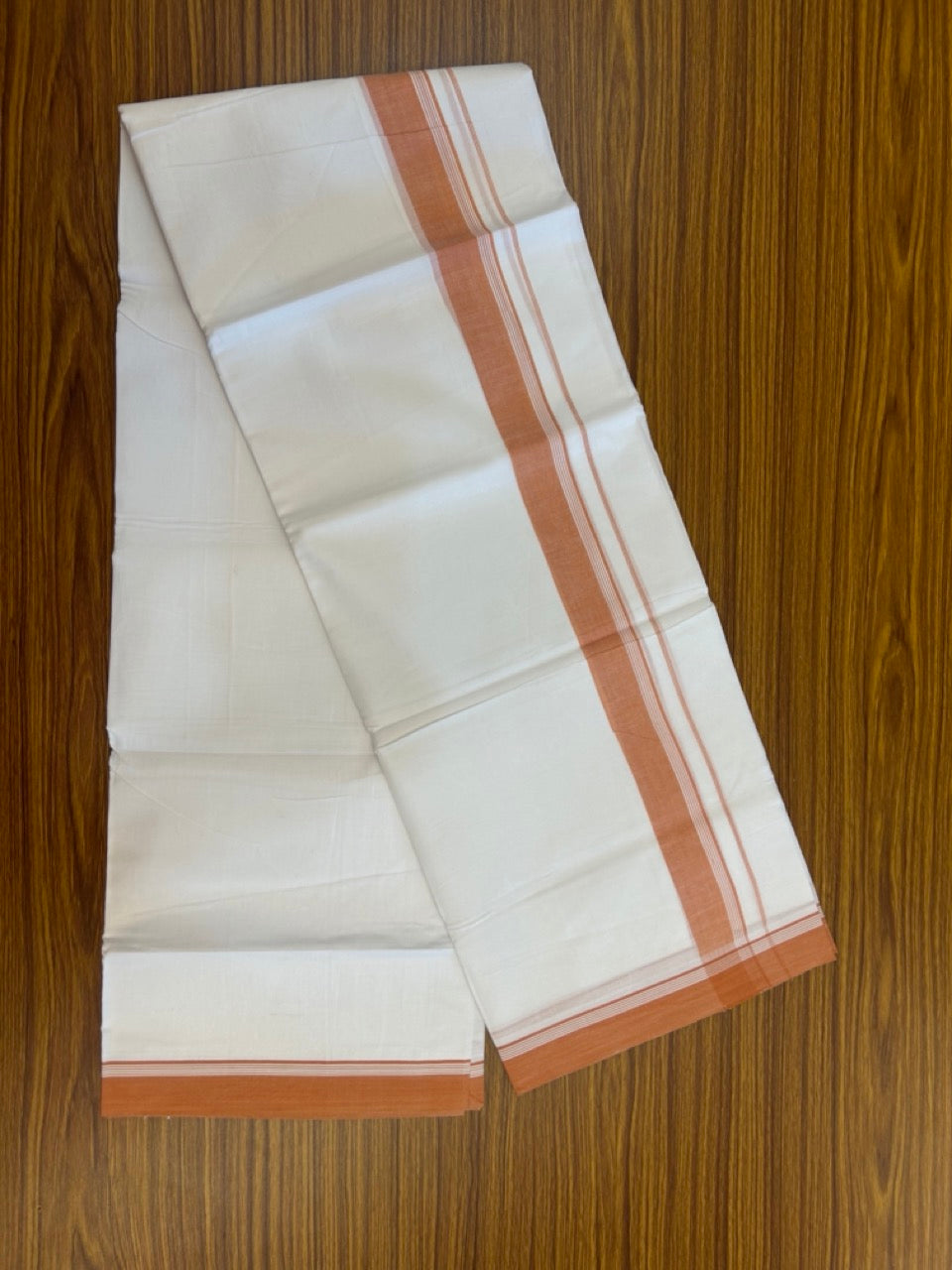 20% Discount ! Kaitharikada Balaramapuram 100% Cotton PURE WHITE Double Mundu/Dothi - 100x80 - 1.5 inch Orange Shaded Striped Kara 3.90 mtr (8 muzham) - 79 KK5294 THI