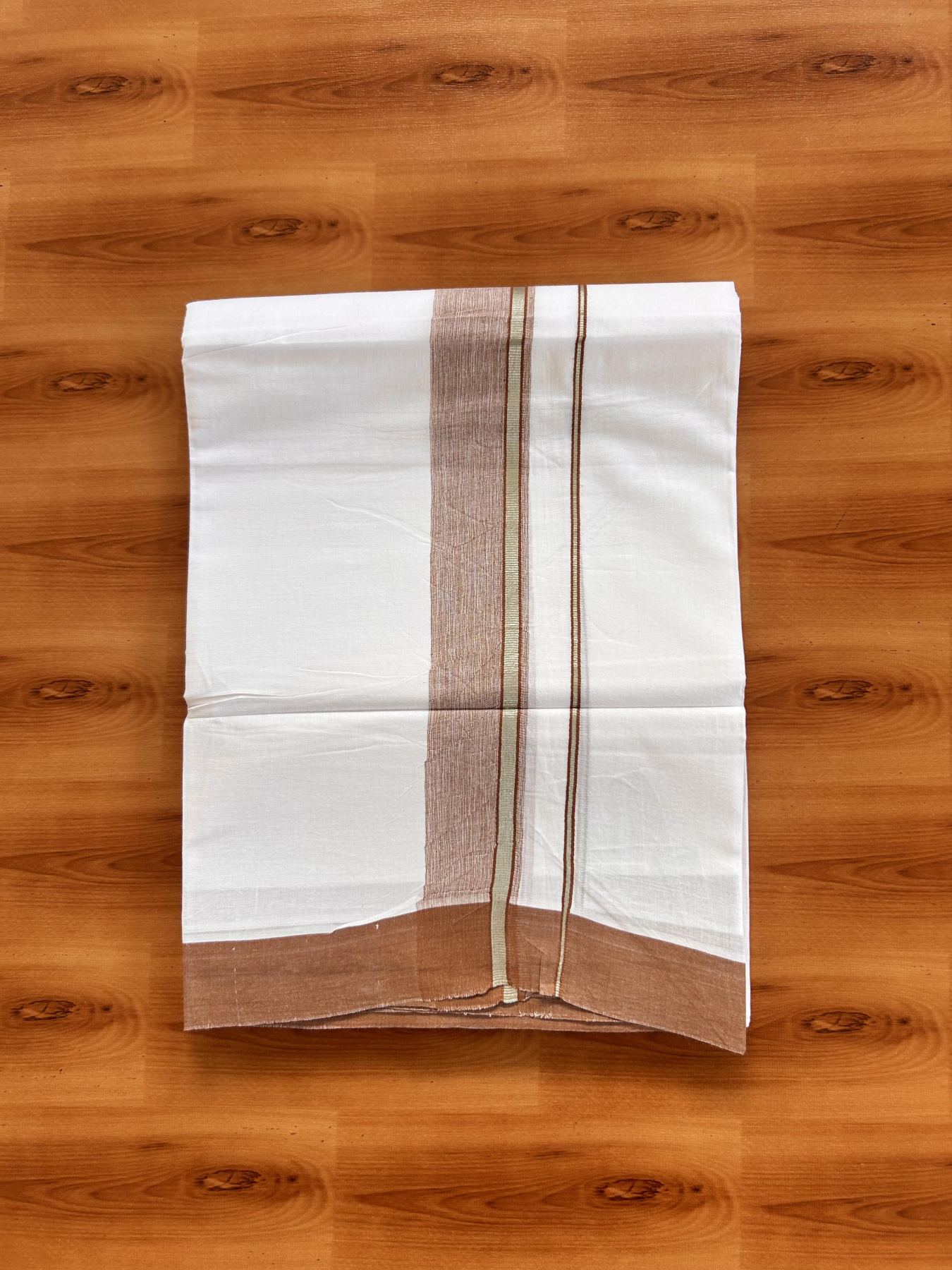 Pure White Double Mundu/Dhoti - 20% Discount ! Kaitharikada Balaramapuram 100% Cotton - 100x80 - 1.5 inch Silver Kasav & Brown Shaded Striped Kara 3.90 m (8 muzham) - 31 KK5432 PMC