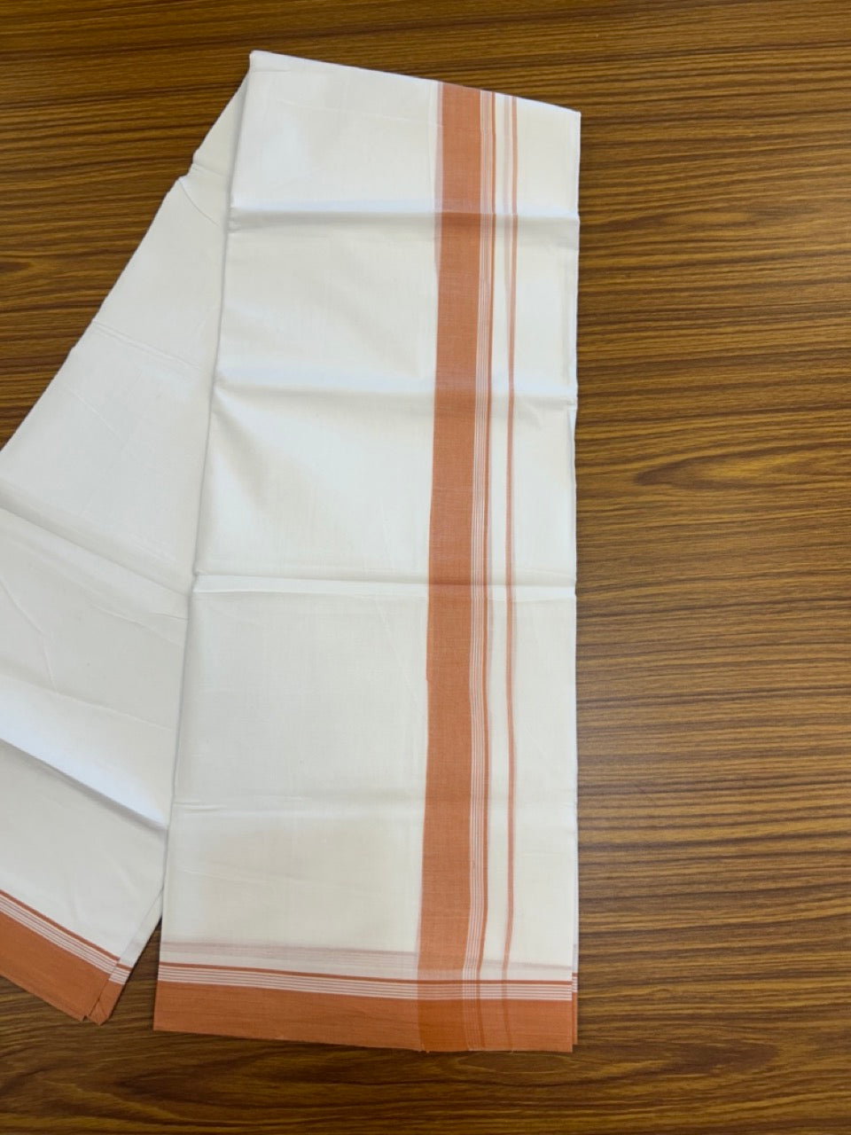 20% Discount ! Kaitharikada Balaramapuram 100% Cotton PURE WHITE Double Mundu/Dothi - 100x80 - 1.5 inch Orange Shaded Striped Kara 3.90 mtr (8 muzham) - 79 KK5294 THI