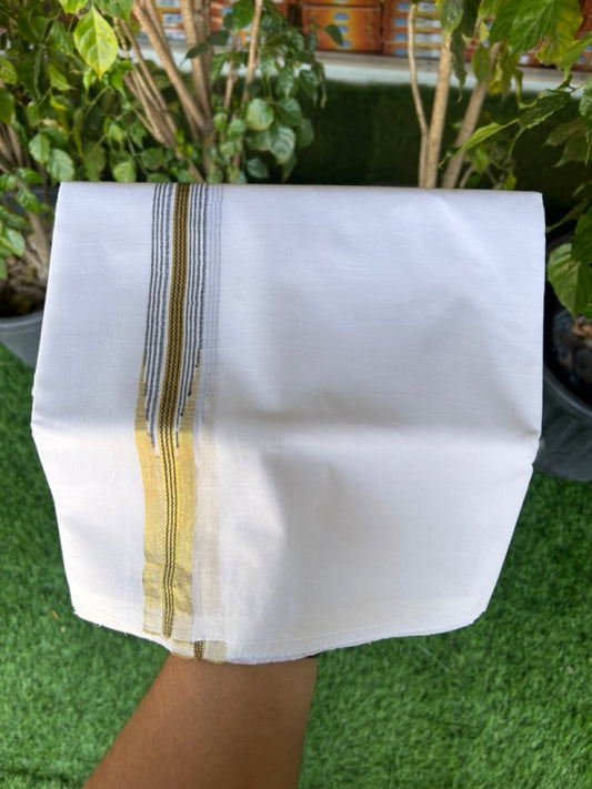 SHORT DHOTI SPECIAL! Kaitharikada.com - 20% Discount! Balaramapuram Double PURE WHITE Mundu/Dhoti - 100X100 - 1 inch Kara & 46 inches Height Puliyilakkara Chutty Gold Kasavu & Black Striped Kara - 17KK5146ASH