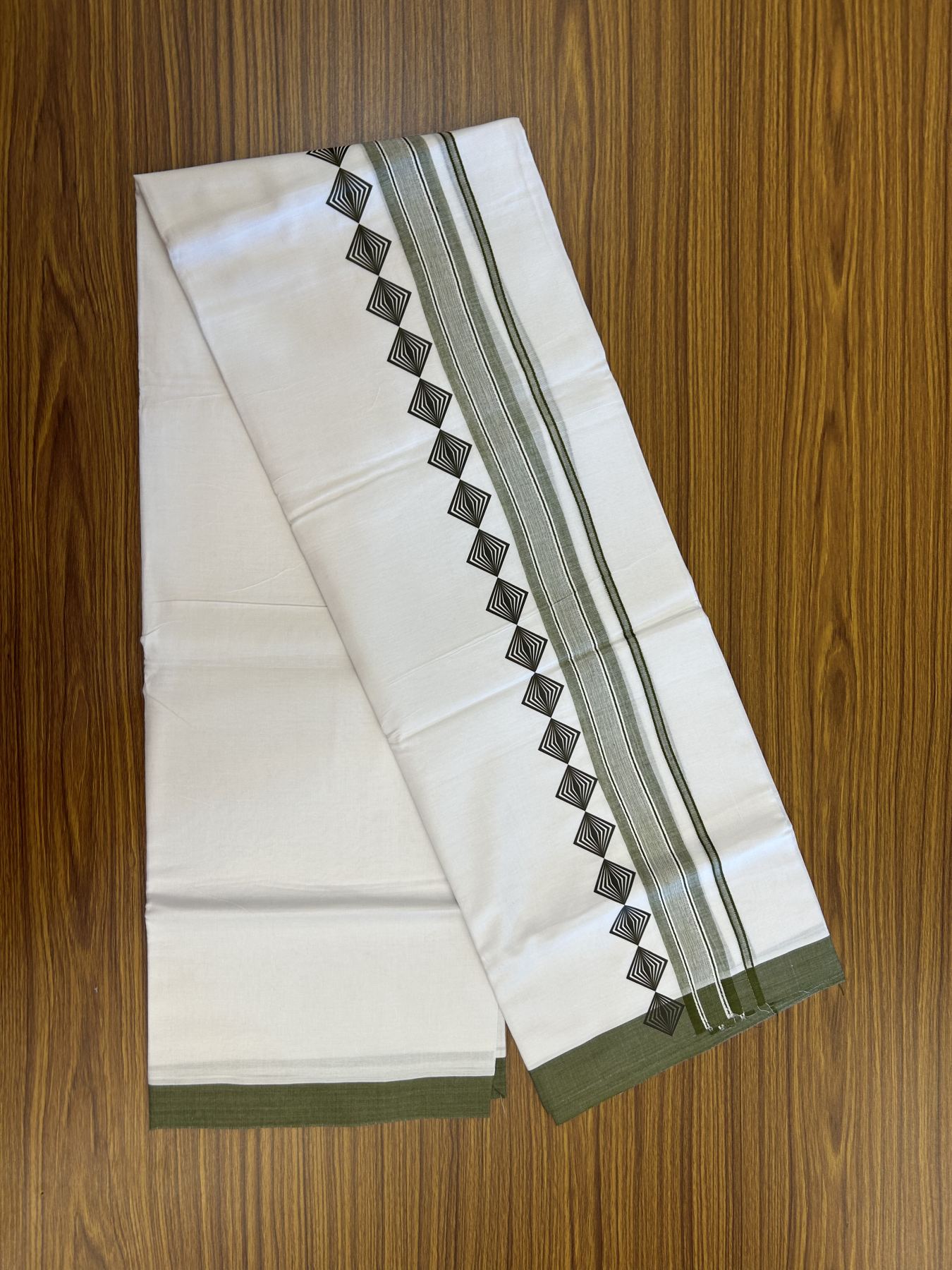 20% Discount ! KaithariKada Balaramapuram Cotton Double Pure white Mundu/Dhoti- 80s - 2.5 inch Olive Green Printed Shade Stripes Design Kara - 3.65 mtr (8 muzham) - 11 KK5329 GAN