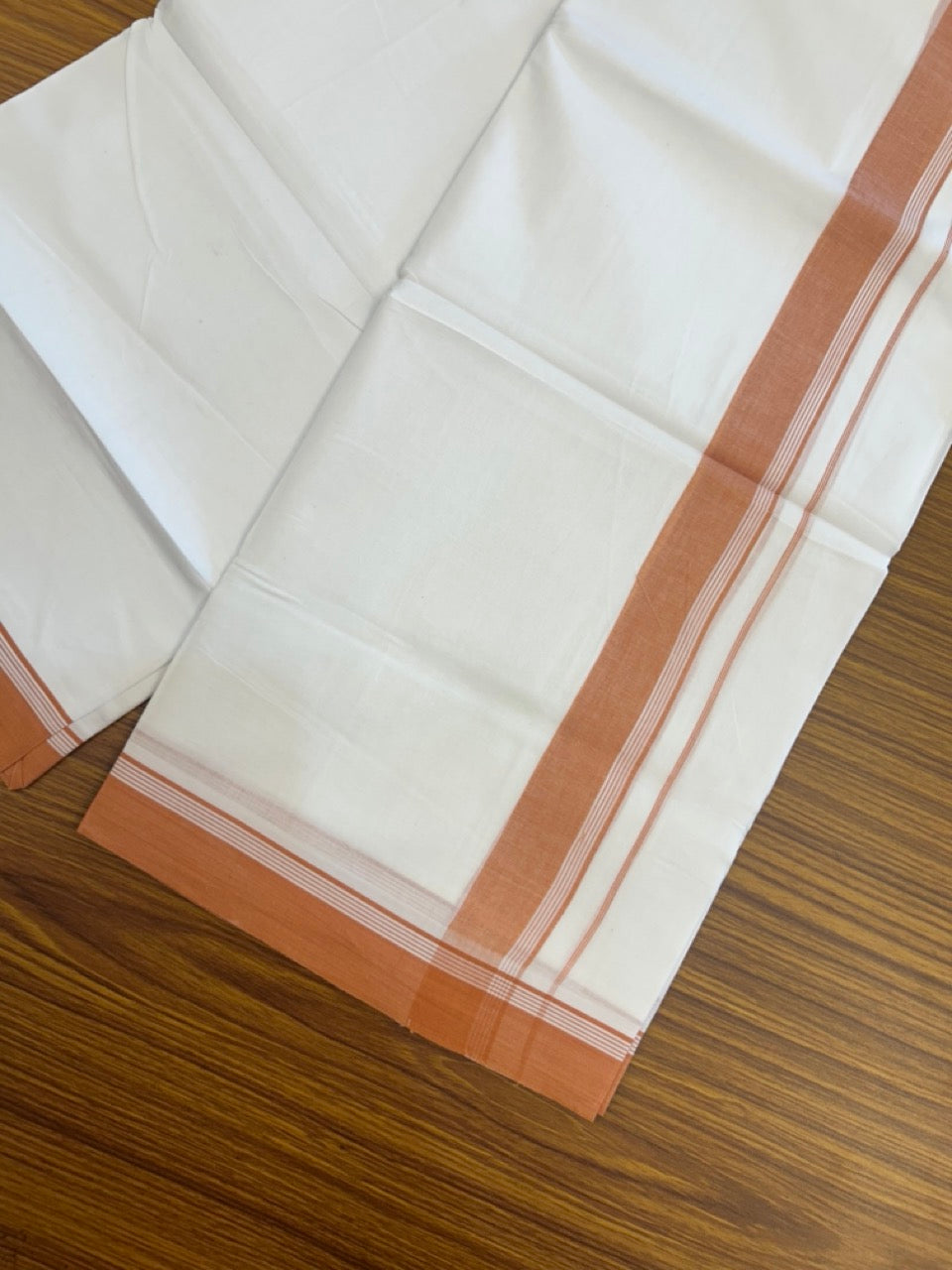20% Discount ! Kaitharikada Balaramapuram 100% Cotton PURE WHITE Double Mundu/Dothi - 100x80 - 1.5 inch Orange Shaded Striped Kara 3.90 mtr (8 muzham) - 79 KK5294 THI
