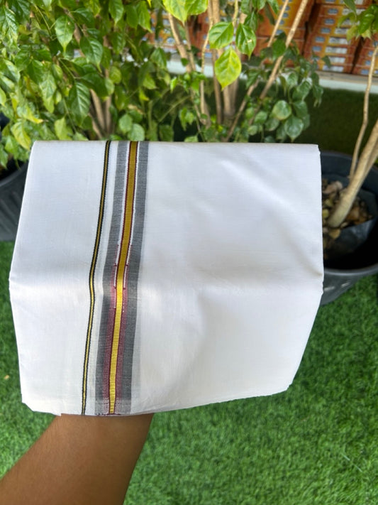 SHORT DHOTI SPECIAL! Kaitharikada.com - 20% Discount! Balaramapuram Double PURE white - (Unbleached) Mundu/Dhoti - 100X100 - 1 inch Kara & 45 inches Height Puliyilakkara Chutty Kasavu Black & Maroon Kara - 16KK5146ASH