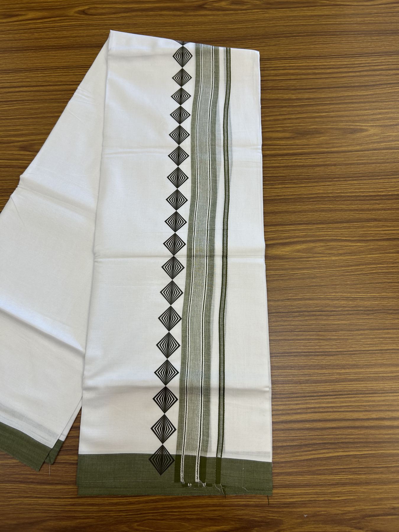 20% Discount ! KaithariKada Balaramapuram Cotton Double Pure white Mundu/Dhoti- 80s - 2.5 inch Olive Green Printed Shade Stripes Design Kara - 3.65 mtr (8 muzham) - 11 KK5329 GAN