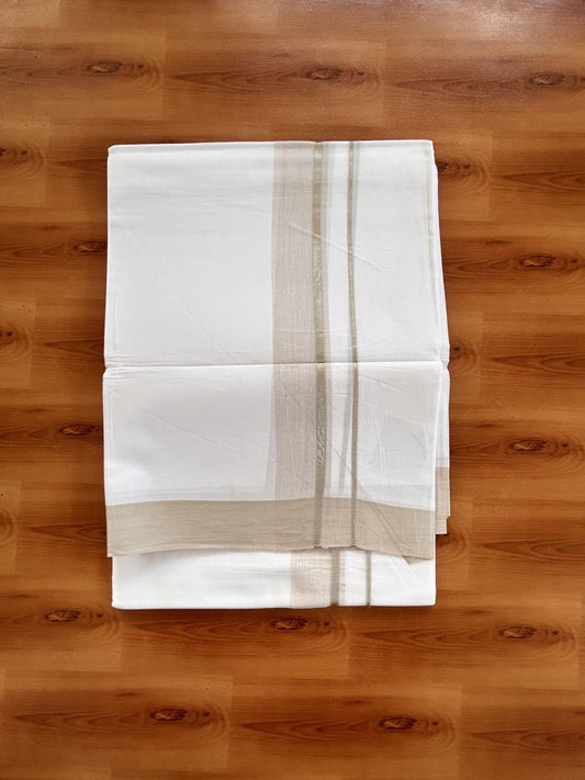 Pure White Double Mundu/Dhoti - 20% Discount ! Kaitharikada Balaramapuram 100% Cotton - 100x80 - 1.5 inch Silver Kasav & Light Beige Shaded Striped Kara 3.90 m (8 muzham) - 32 KK5432 PMC
