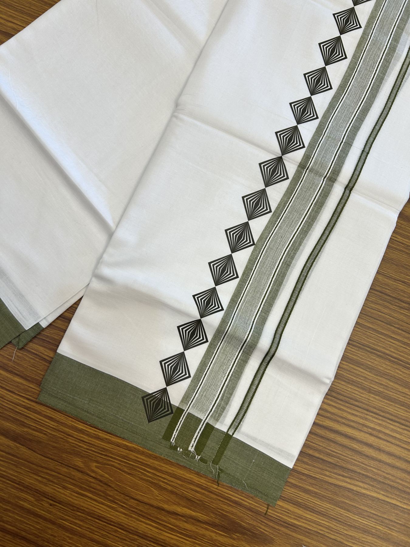20% Discount ! KaithariKada Balaramapuram Cotton Double Pure white Mundu/Dhoti- 80s - 2.5 inch Olive Green Printed Shade Stripes Design Kara - 3.65 mtr (8 muzham) - 11 KK5329 GAN