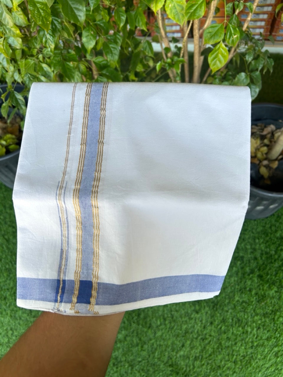 SIGNATURE KAITHARIKADA EXCLUSIVE SINGLE DHOTI - 20% Discount!!  100% Cotton Balaramapuram HANDLOOM Single Mundu/Dhoti - PURE WHITE - 1 inch Lavender Blue & Gold striped kara  (2 meters /4 muzham) - 7KK5146KAI