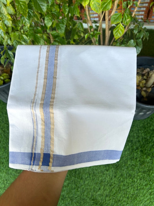SIGNATURE KAITHARIKADA EXCLUSIVE SINGLE DHOTI - 20% Discount!!  100% Cotton Balaramapuram HANDLOOM Single Mundu/Dhoti - PURE WHITE - 1 inch Lavender Blue & Gold striped kara  (2 meters /4 muzham) - 7KK5146KAI