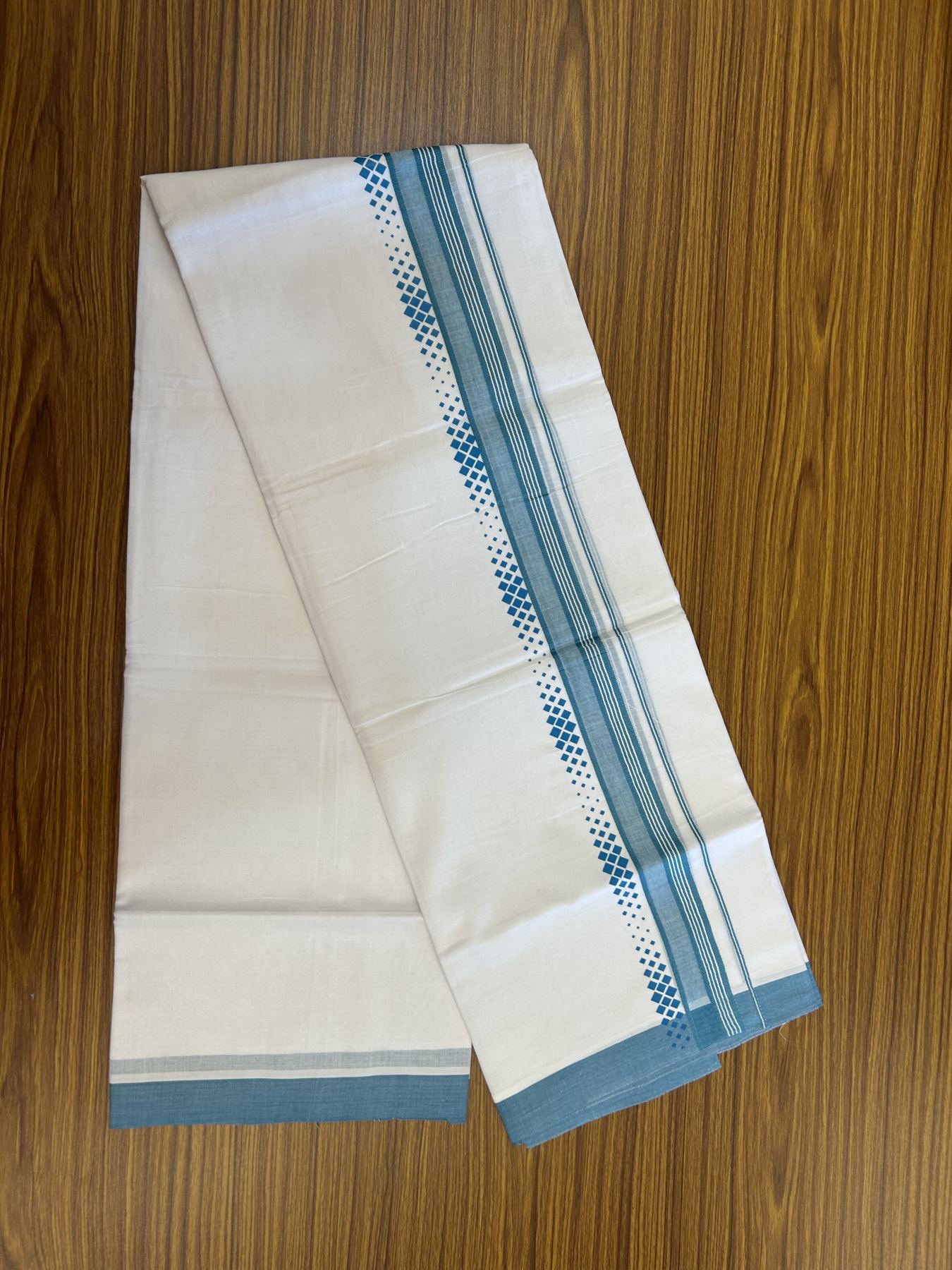 20% Discount ! KaithariKada Balaramapuram Cotton Double Pure white Mundu/Dhoti- 60s - 2.5 inch Turquoise Green Printed Shade Stripes Design Kara - 3.65 mtr (8 muzham) - 24 KK5329 GAN