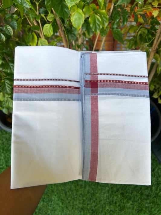 SIGNATURE KAITHARIKADA EXCLUSIVE SINGLE DHOTI - 20% Discount!!  100% Cotton Balaramapuram HANDLOOM Single Mundu/Dhoti -PURE WHITE - 1 inch Lavender Blue & Maroon Kasavu Muthukuri kara  (2 meters /4 muzham) - 8KK5146KAI