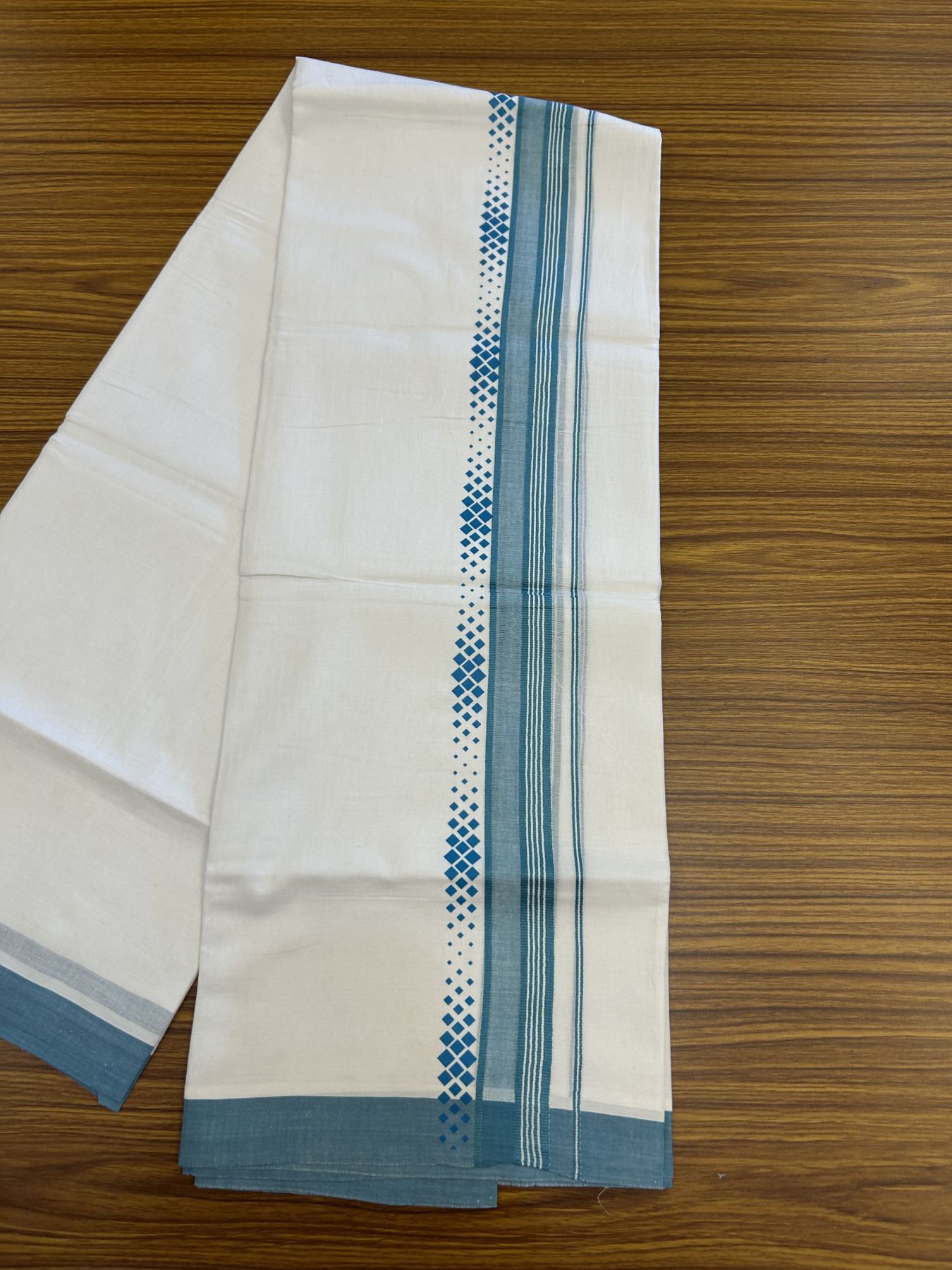 20% Discount ! KaithariKada Balaramapuram Cotton Double Pure white Mundu/Dhoti- 60s - 2.5 inch Turquoise Green Printed Shade Stripes Design Kara - 3.65 mtr (8 muzham) - 24 KK5329 GAN