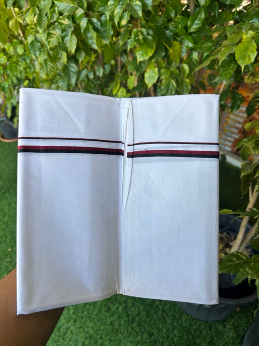 DMK Veshti - 20% DISCOUNT ! KaithariKada Balaramapuram 100% COTTON SINGLE PURE WHITE Mundu/Dhoti- 100X100 - 0.5 inch Maroon & Black Kara (2 metre /4 muzham) - 9KK5146ASH