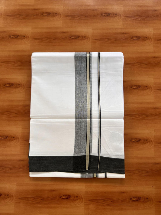 Pure White Double Mundu/Dhoti - 20% Discount ! Kaitharikada Balaramapuram 100% Cotton - 100x80 - 1.5 inch Silver Kasav & Black Shaded Striped Kara 3.90 m (8 muzham) - 30 KK5432 PMC