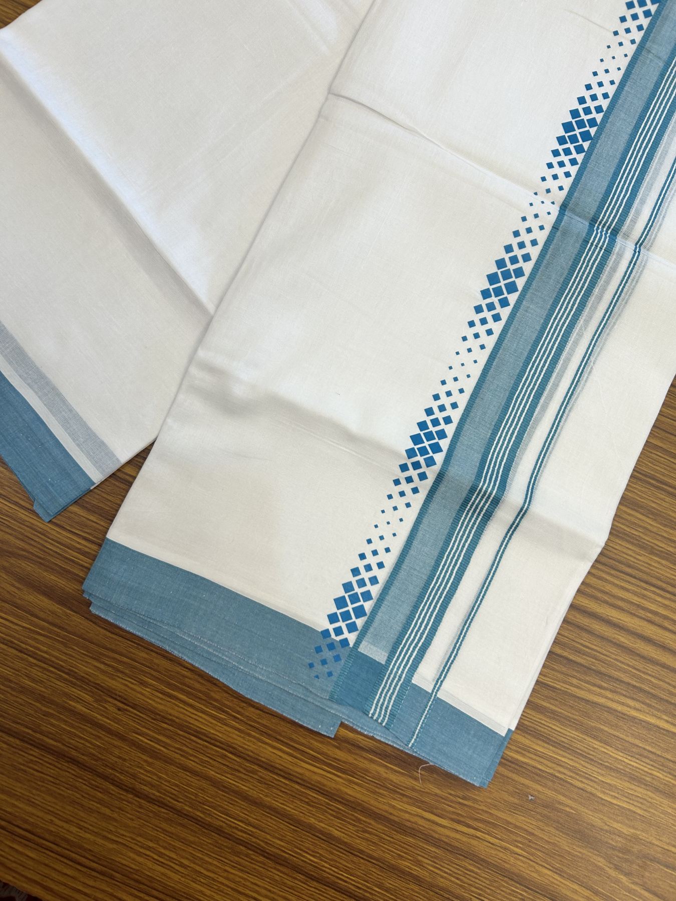 20% Discount ! KaithariKada Balaramapuram Cotton Double Pure white Mundu/Dhoti- 60s - 2.5 inch Turquoise Green Printed Shade Stripes Design Kara - 3.65 mtr (8 muzham) - 24 KK5329 GAN