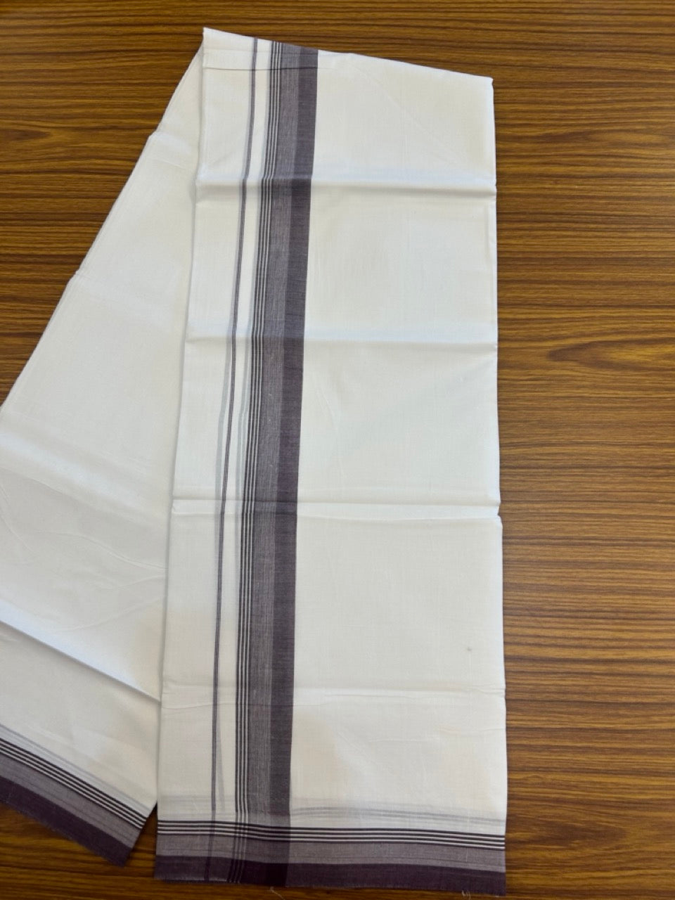 20% Discount ! Kaitharikada Balaramapuram 100% Cotton PURE WHITE Double Mundu/Dothi - 100x80 - 1.5 inch Purple Shaded Striped Kara 3.90 mtr (8 muzham) - 81 KK5294 THI