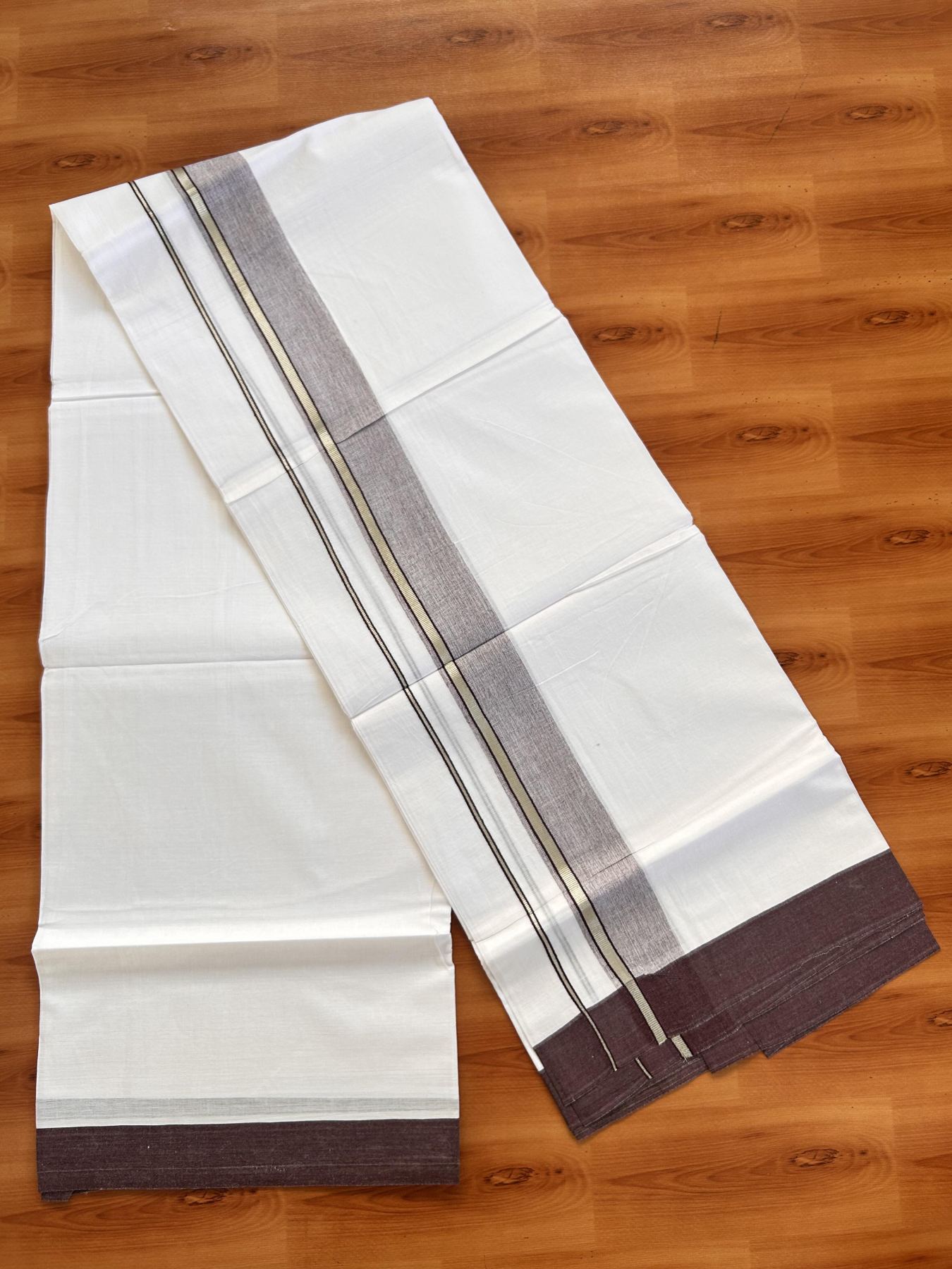 Pure White Double Mundu/Dhoti - 20% Discount ! Kaitharikada Balaramapuram 100% Cotton - 100x80 - 1.5 inch Silver Kasav & Dark Wine Shaded Striped Kara 3.90 m (8 muzham) - 33 KK5432 PMC