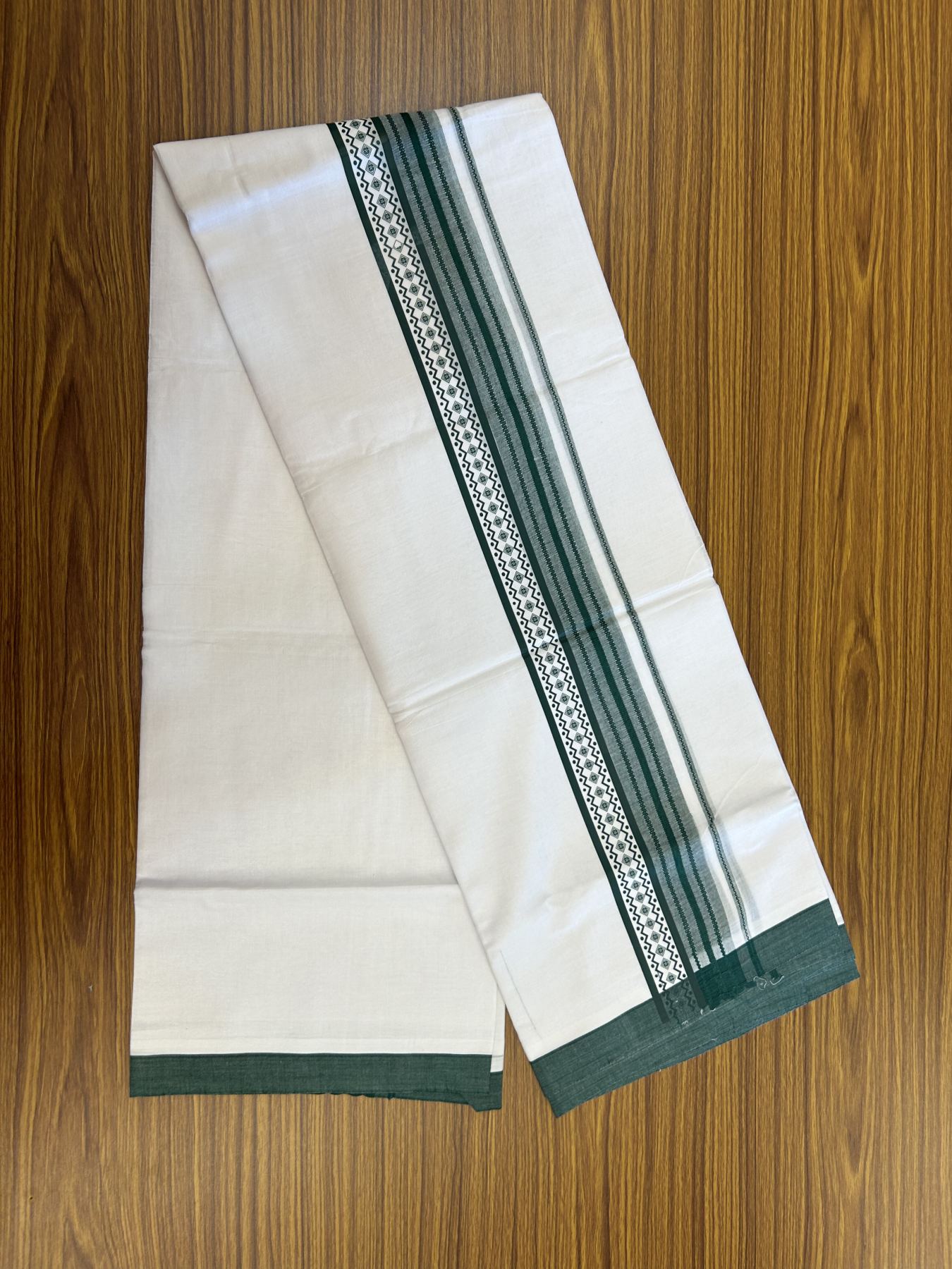 20% Discount ! KaithariKada Balaramapuram Cotton Double Pure white Mundu/Dhoti- 80s - 2.5 inch Dark Green Printed Shade Stripes Design Kara - 3.65 mtr (8 muzham) - 32 KK5329 GAN