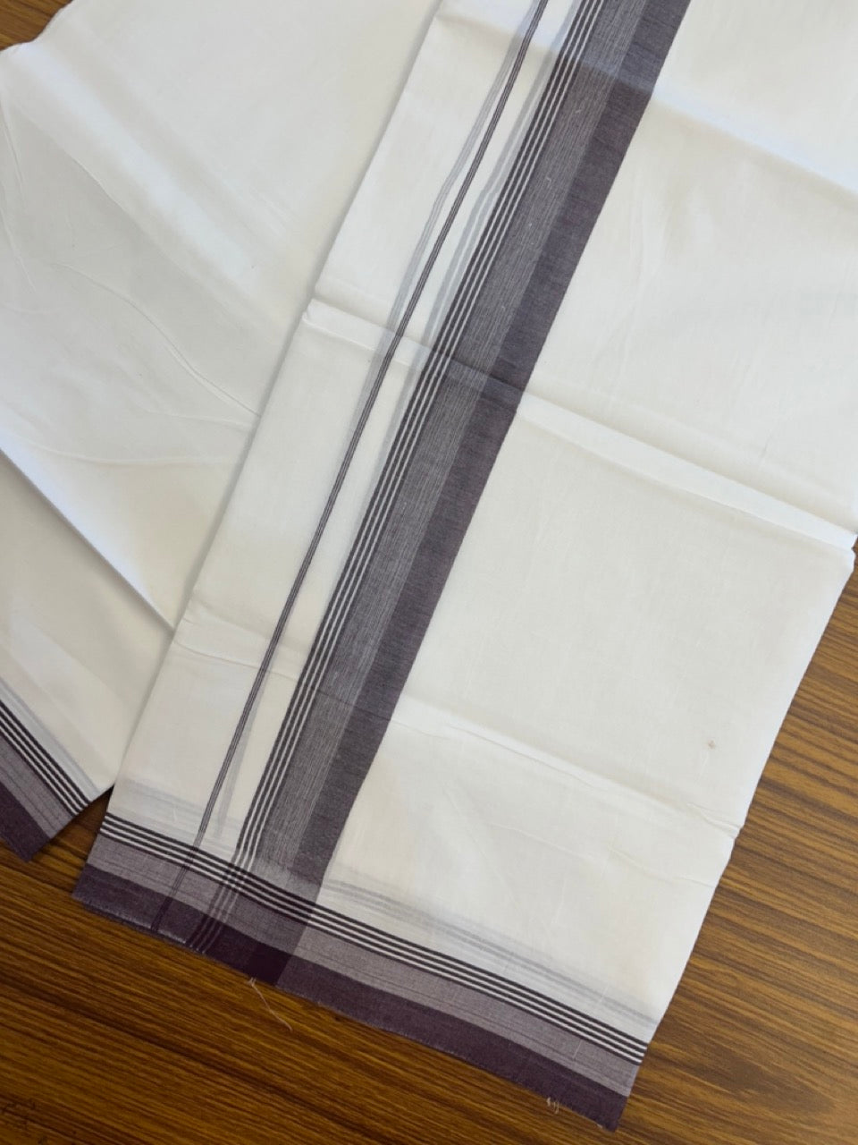 20% Discount ! Kaitharikada Balaramapuram 100% Cotton PURE WHITE Double Mundu/Dothi - 100x80 - 1.5 inch Purple Shaded Striped Kara 3.90 mtr (8 muzham) - 81 KK5294 THI