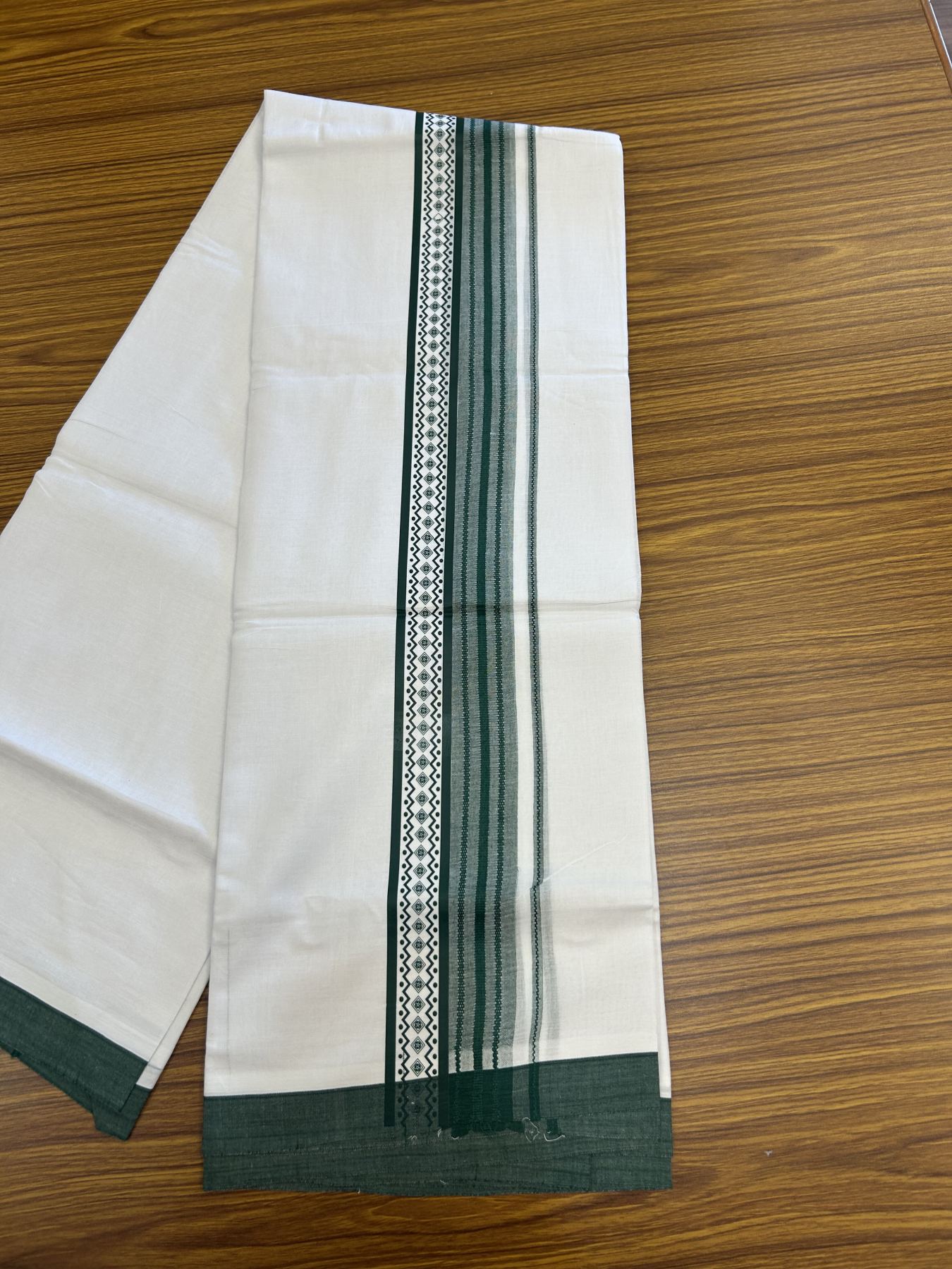 20% Discount ! KaithariKada Balaramapuram Cotton Double Pure white Mundu/Dhoti- 80s - 2.5 inch Dark Green Printed Shade Stripes Design Kara - 3.65 mtr (8 muzham) - 32 KK5329 GAN