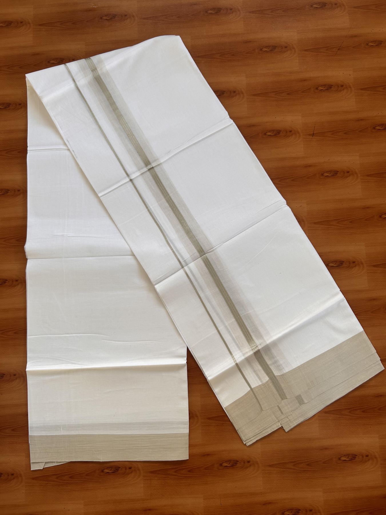Pure White Double Mundu/Dhoti - 20% Discount ! Kaitharikada Balaramapuram 100% Cotton - 100x80 - 1.5 inch Silver Kasav & Light Beige Shaded Striped Kara 3.90 m (8 muzham) - 17 KK5432 PMC