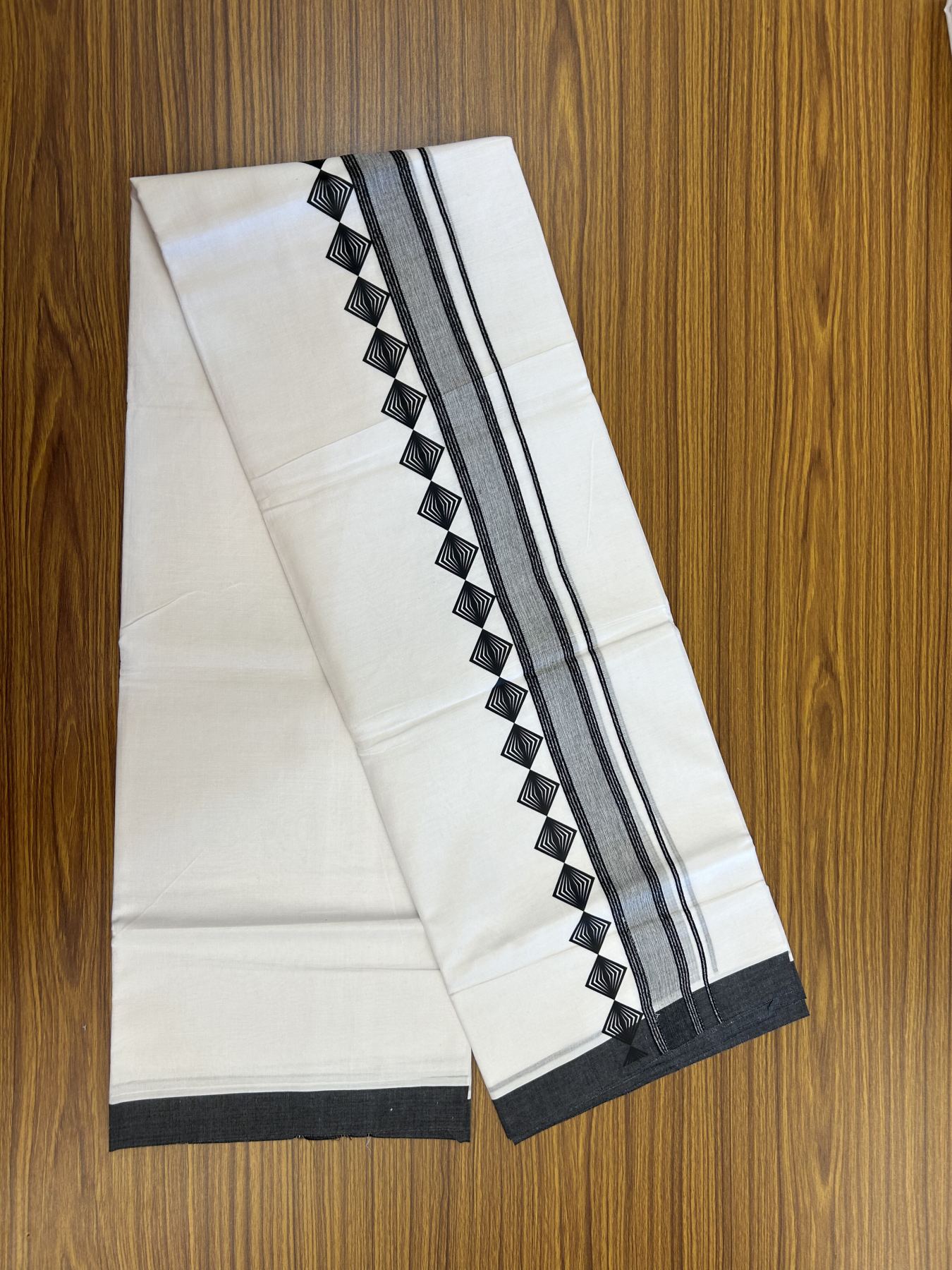 20% Discount ! KaithariKada Balaramapuram Cotton Double Pure white Mundu/Dhoti- 80s - 2.5 inch Black Printed Shaded Stripes Design Kara - 3.65 mtr (8 muzham) - 2 KK5329 GAN