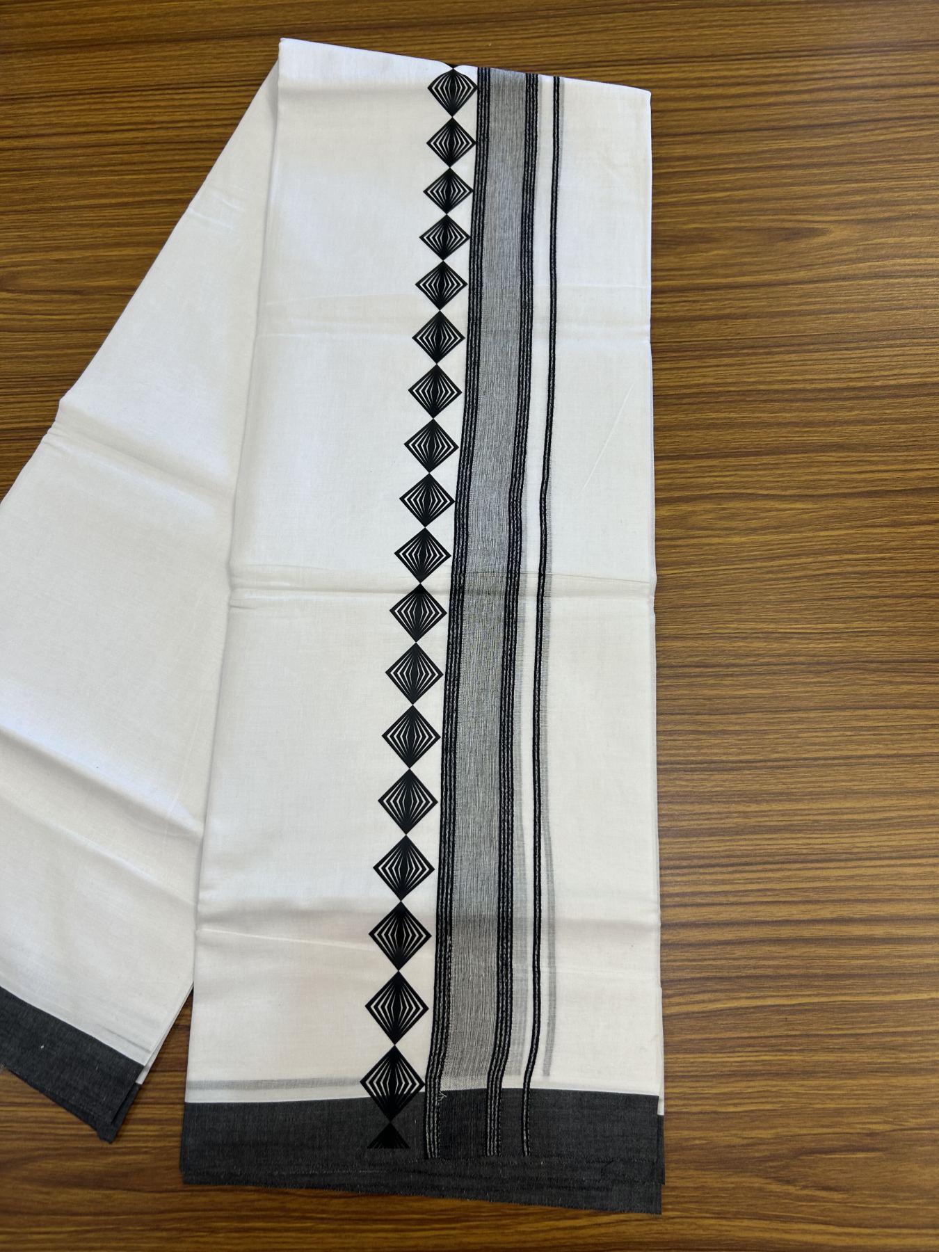 20% Discount ! KaithariKada Balaramapuram Cotton Double Pure white Mundu/Dhoti- 80s - 2.5 inch Black Printed Shaded Stripes Design Kara - 3.65 mtr (8 muzham) - 2 KK5329 GAN