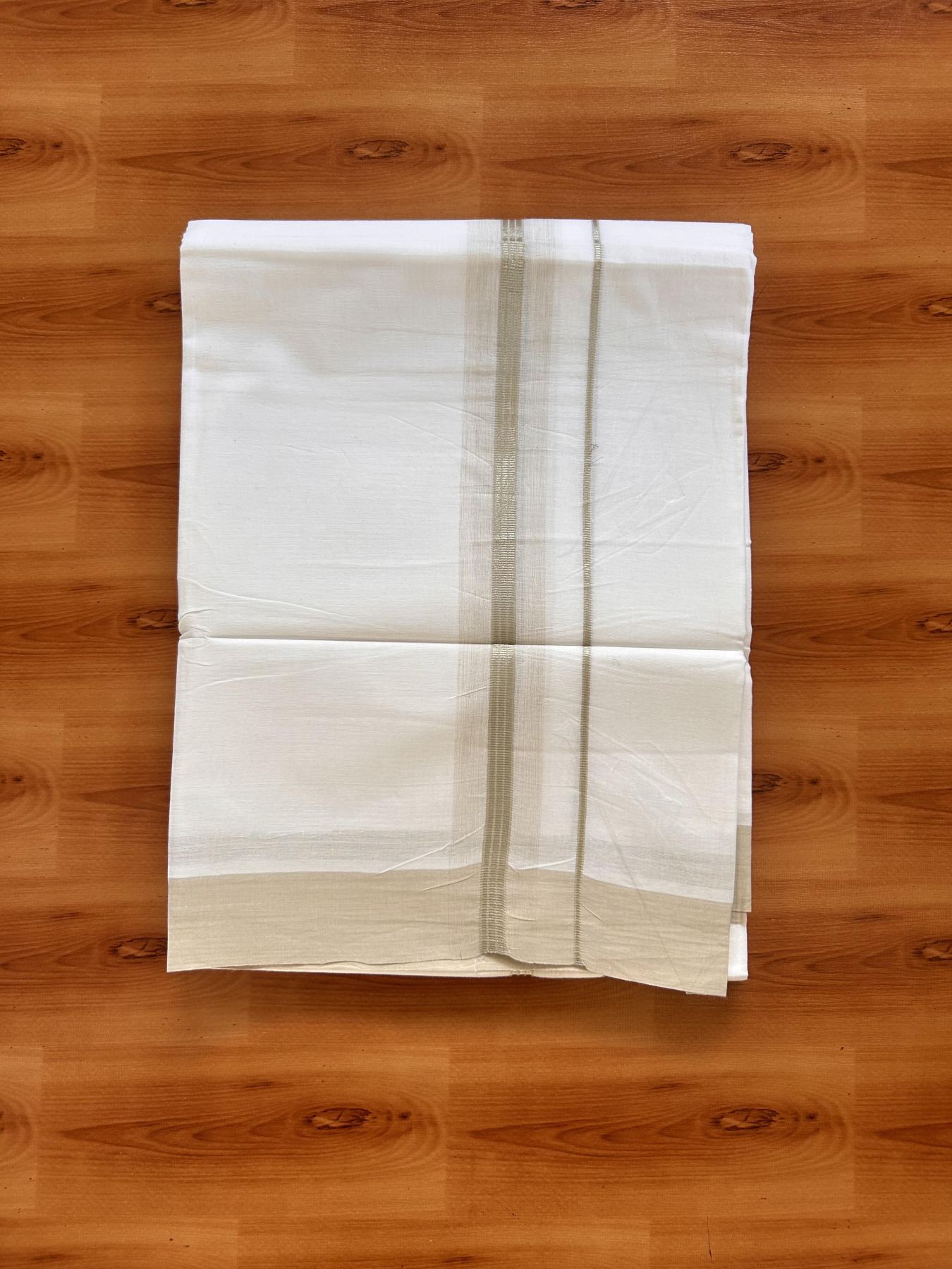 Pure White Double Mundu/Dhoti - 20% Discount ! Kaitharikada Balaramapuram 100% Cotton - 100x80 - 1.5 inch Silver Kasav & Light Beige Shaded Striped Kara 3.90 m (8 muzham) - 17 KK5432 PMC