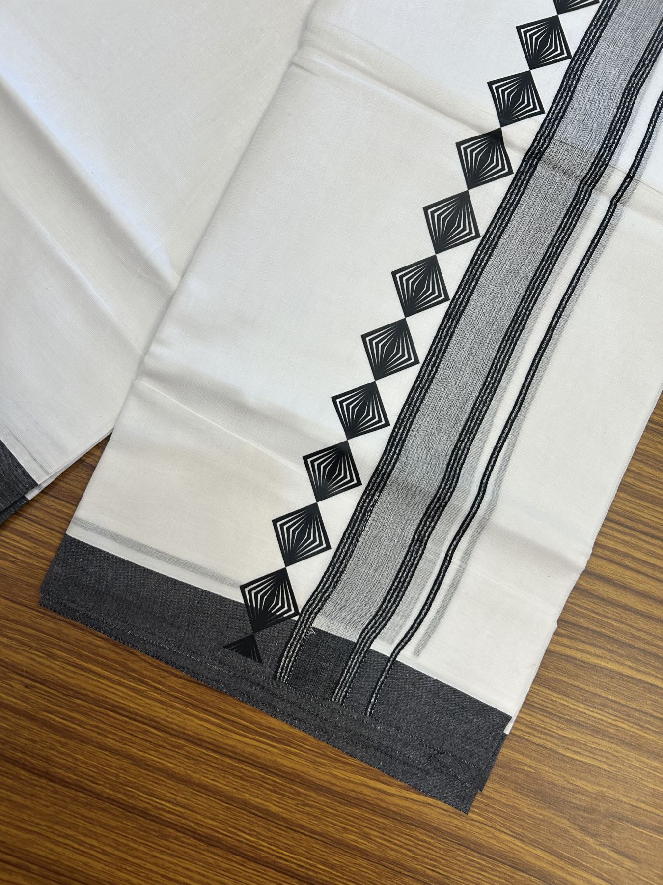 20% Discount ! KaithariKada Balaramapuram Cotton Double Pure white Mundu/Dhoti- 80s - 2.5 inch Black Printed Shaded Stripes Design Kara - 3.65 mtr (8 muzham) - 2 KK5329 GAN