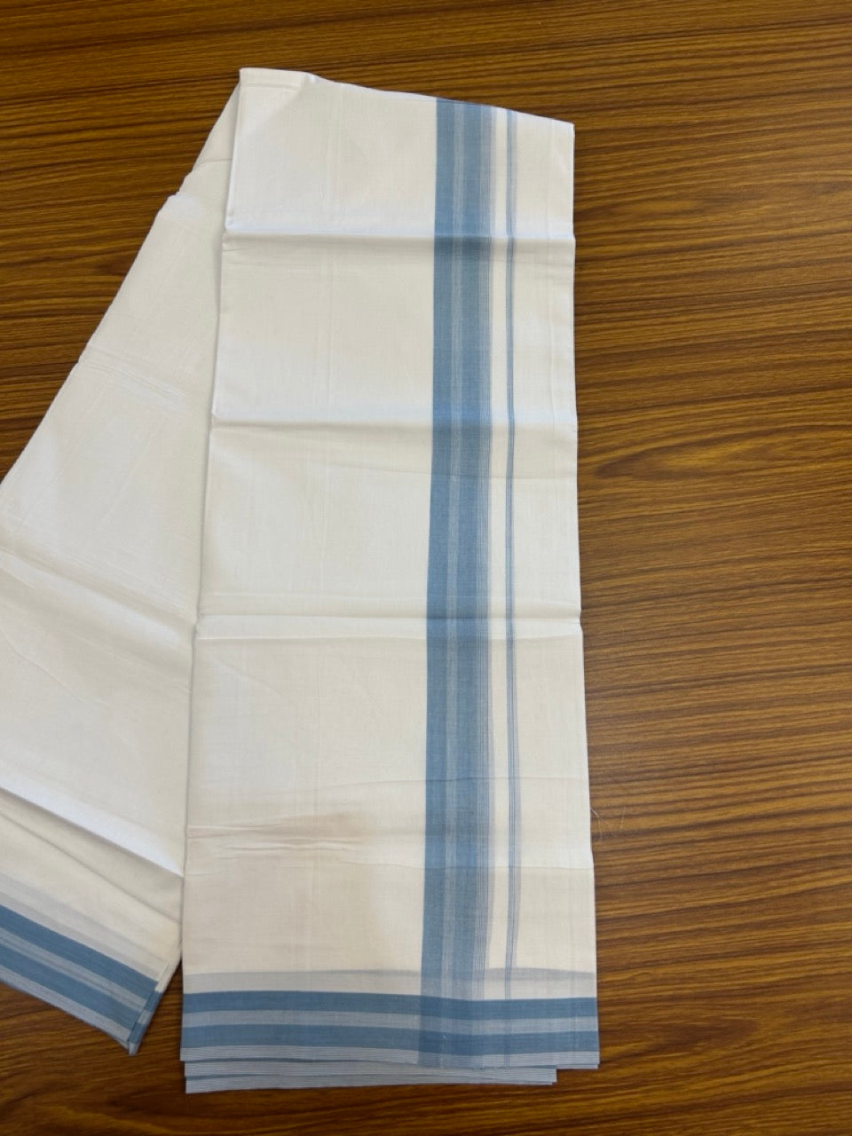 20% Discount ! Kaitharikada Balaramapuram 100% Cotton PURE WHITE Double Mundu/Dothi - 100x80 - 1.5 inch Blue Shaded Striped Kara 3.90 mtr (8 muzham) - 83 KK5294 THI