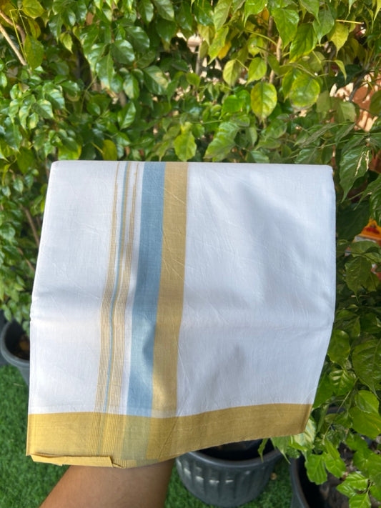 20% Discount!!! KaithariKada Balaramapuram  Double PURE WHITE Mundu/Dhoti - 80X90 - 1.5 inch Light Mustard yellow & Pestel Blue puliyilakkara striped chutty - 3KK5146GUN
