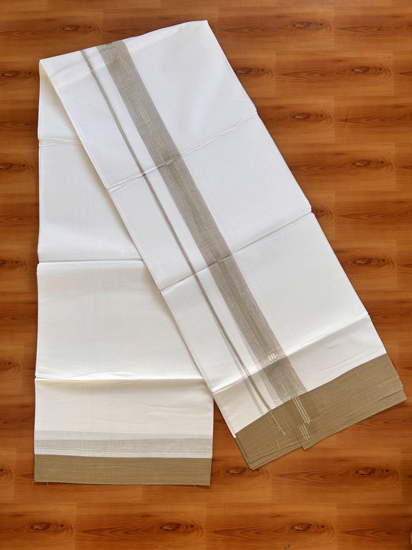 Pure White Double Mundu/Dhoti - 20% Discount ! Kaitharikada Balaramapuram 100% Cotton - 100x80 - 1.5 inch Silver Kasav & Tan Brown Shaded Striped Kara 3.90 m (8 muzham) - 19 KK5432 PMC