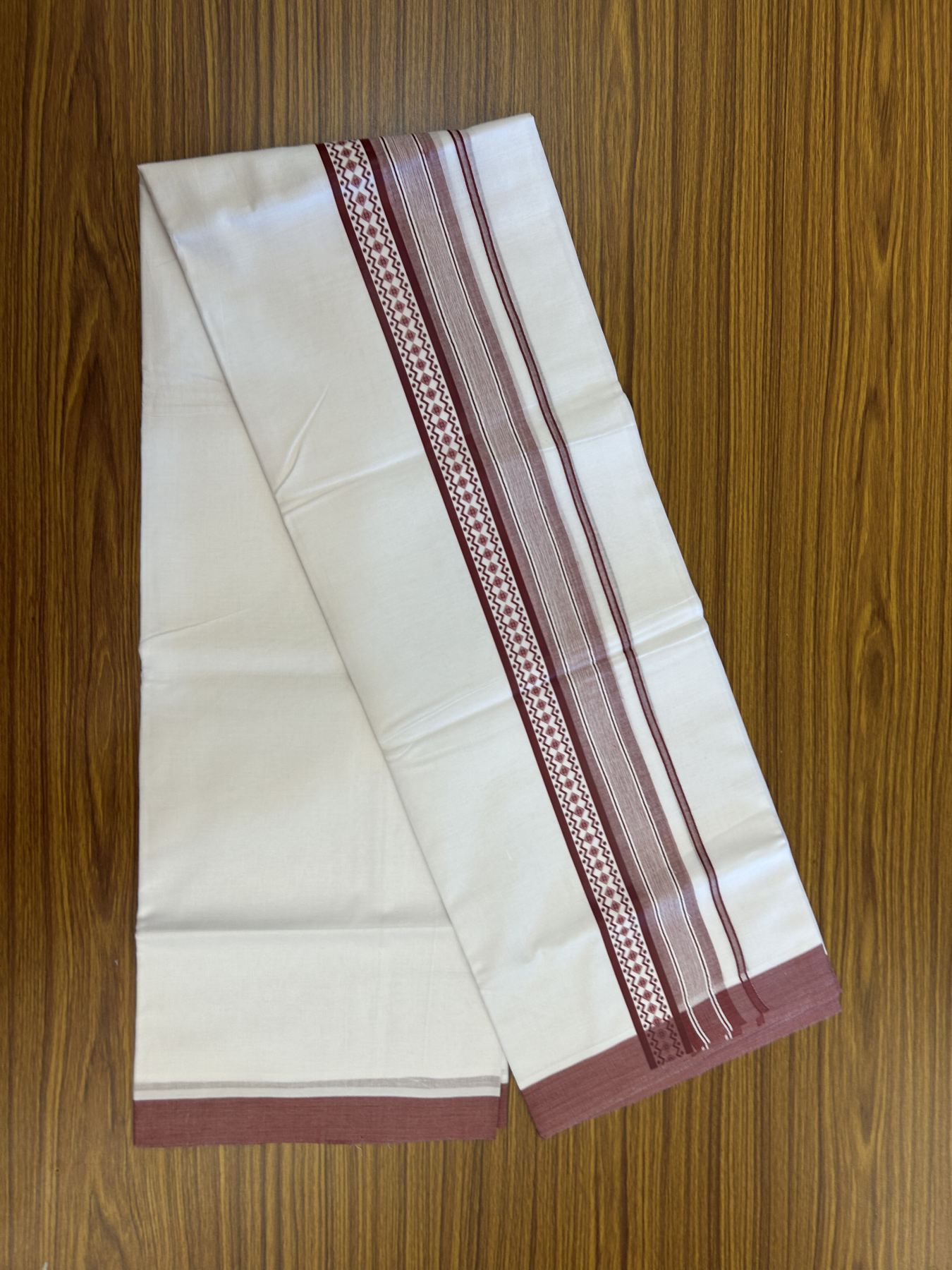 20% Discount ! KaithariKada Balaramapuram Cotton Double Pure white Mundu/Dhoti- 60s - 2.5 inch Maroon Printed Shade Stripes Design Kara - 3.65 mtr (8 muzham) - 35 KK5329 GAN