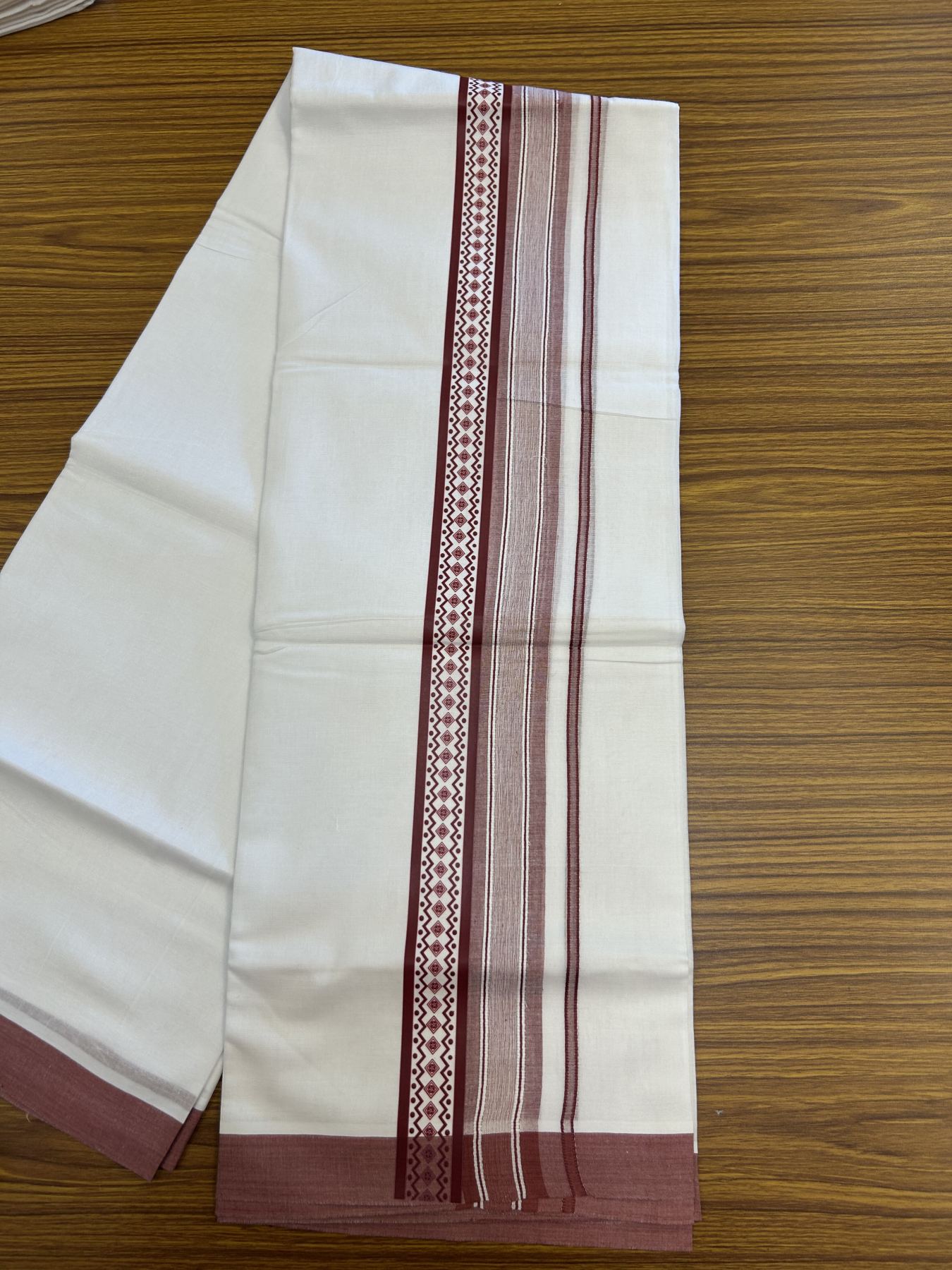 20% Discount ! KaithariKada Balaramapuram Cotton Double Pure white Mundu/Dhoti- 60s - 2.5 inch Maroon Printed Shade Stripes Design Kara - 3.65 mtr (8 muzham) - 35 KK5329 GAN