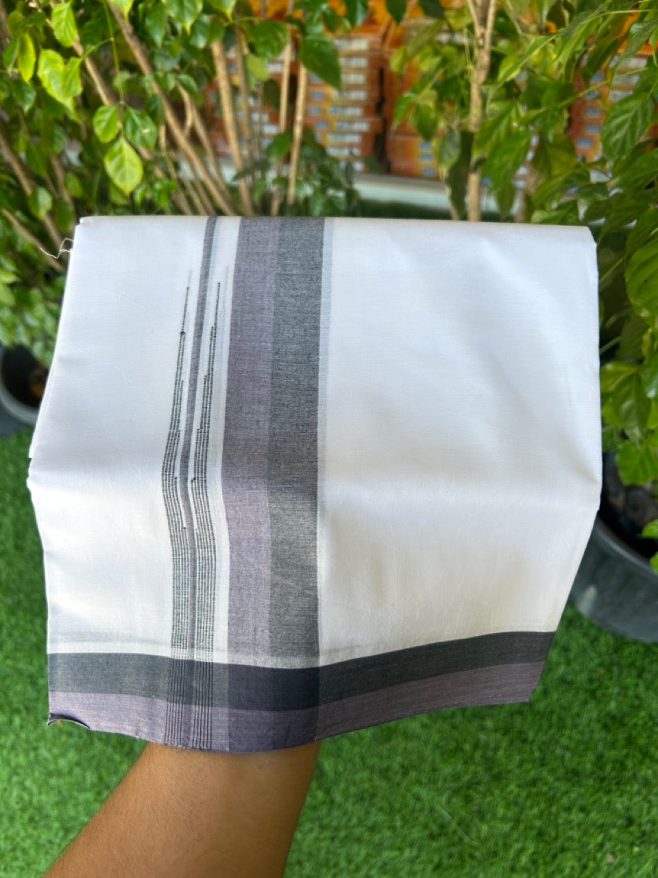 20% Discount!!! KaithariKada Balaramapuram  Double PURE WHITE Mundu/Dhoti - 80X90 - 1.75 inch Black & Matte Purple shade puliyilakkara striped chutty - 4KK5146GUN
